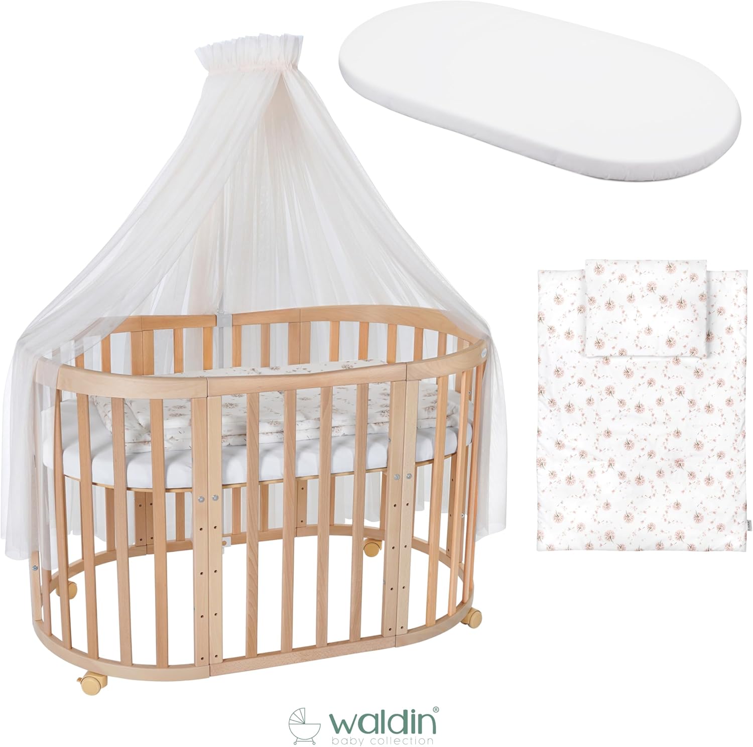 Waldin Oval Baby-Bett Mitwachsend Komplett Set 7in1, Gitterbett, Kinderbett mit Matratze, Wickelkommode, Beistellbett, Holz Weiß