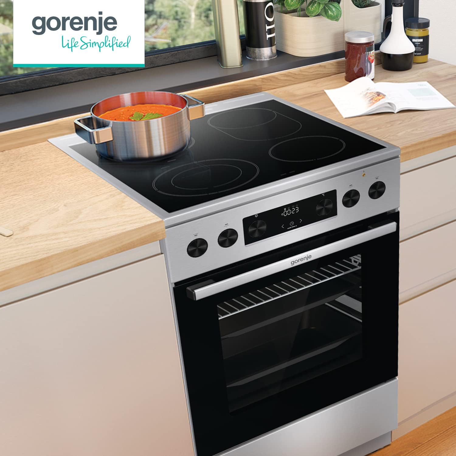 Gorenje GECS5C70XPA Elektro-Standherd mit Glaskeramik-Kochfeld / 50cm / 70 Liter/GentleClose/Schnellaufheizung/AirFry/ExtraSteam/Pizzamodus 300°C/Teleskopauszüge/AquaClean/BräterZone/schwarz