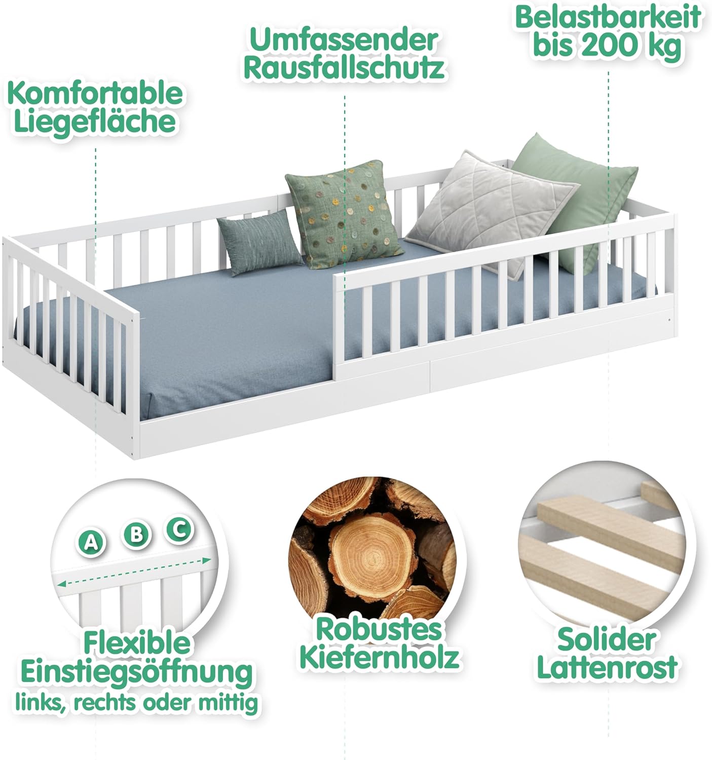 CADANI Timi 2in1 Bodenbett 140x200 cm Montessori Kinderbett mit abnehmbaren Rausfallschutz inkl. Lattenrost, Kiefer Massivholz, weiß - 3 Aufbauvarianten, bis 200 kg belastbar, umbaubar