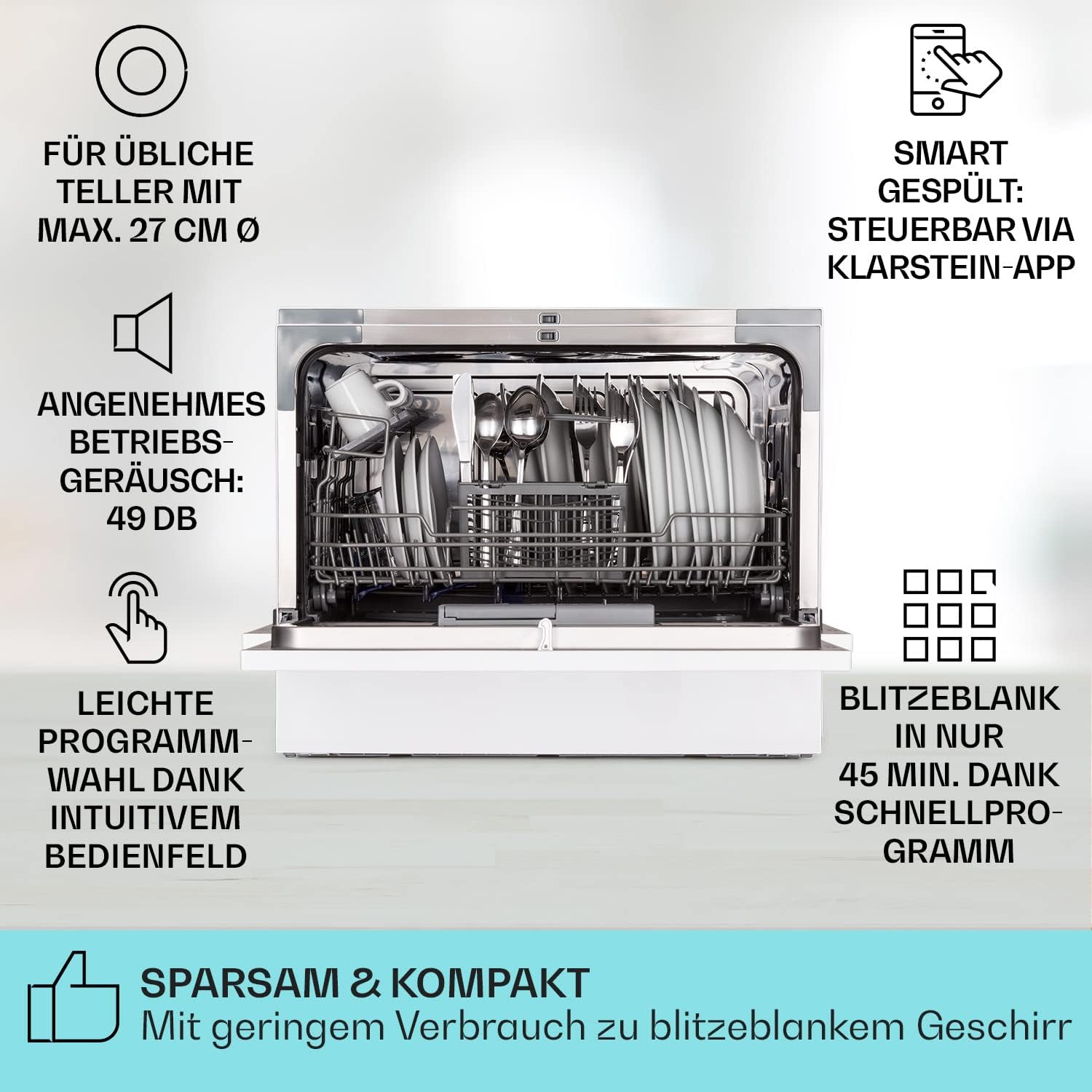 Klarstein ia 8 - Spülmaschine, Geschirrspüler, Freistehend, Teilintegriert, F, 55 cm breit, 8 Maßgedecke, 6 Programme, Aquastop, silber