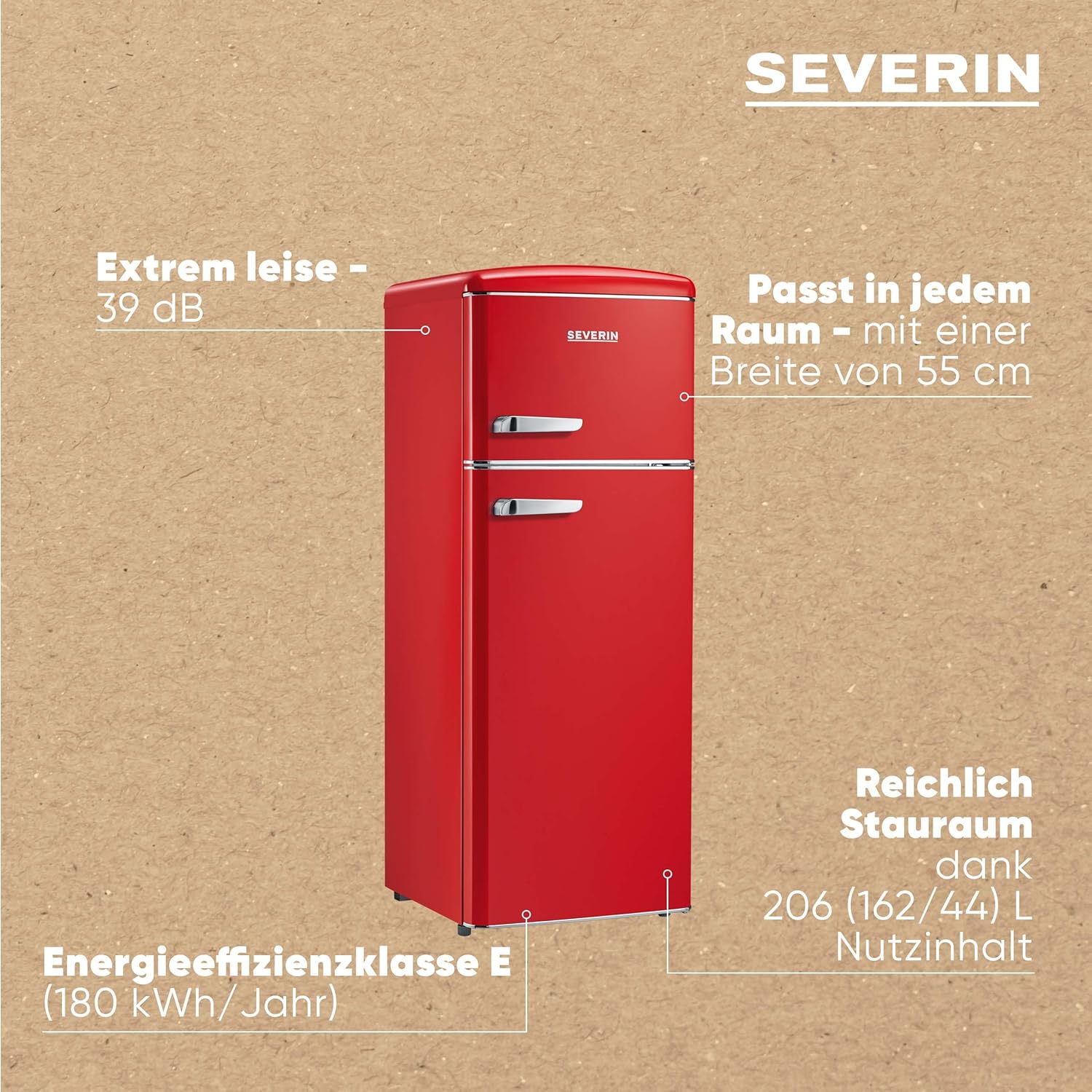 SEVERIN Retro - Kühl-/ Gefrierkombination, platzsparendes Raumwunder, 4 x höhenverstellbare Abstellflächen und eine große Veggiebox, 206 L Nutzinhalt, creme, RKG 8933