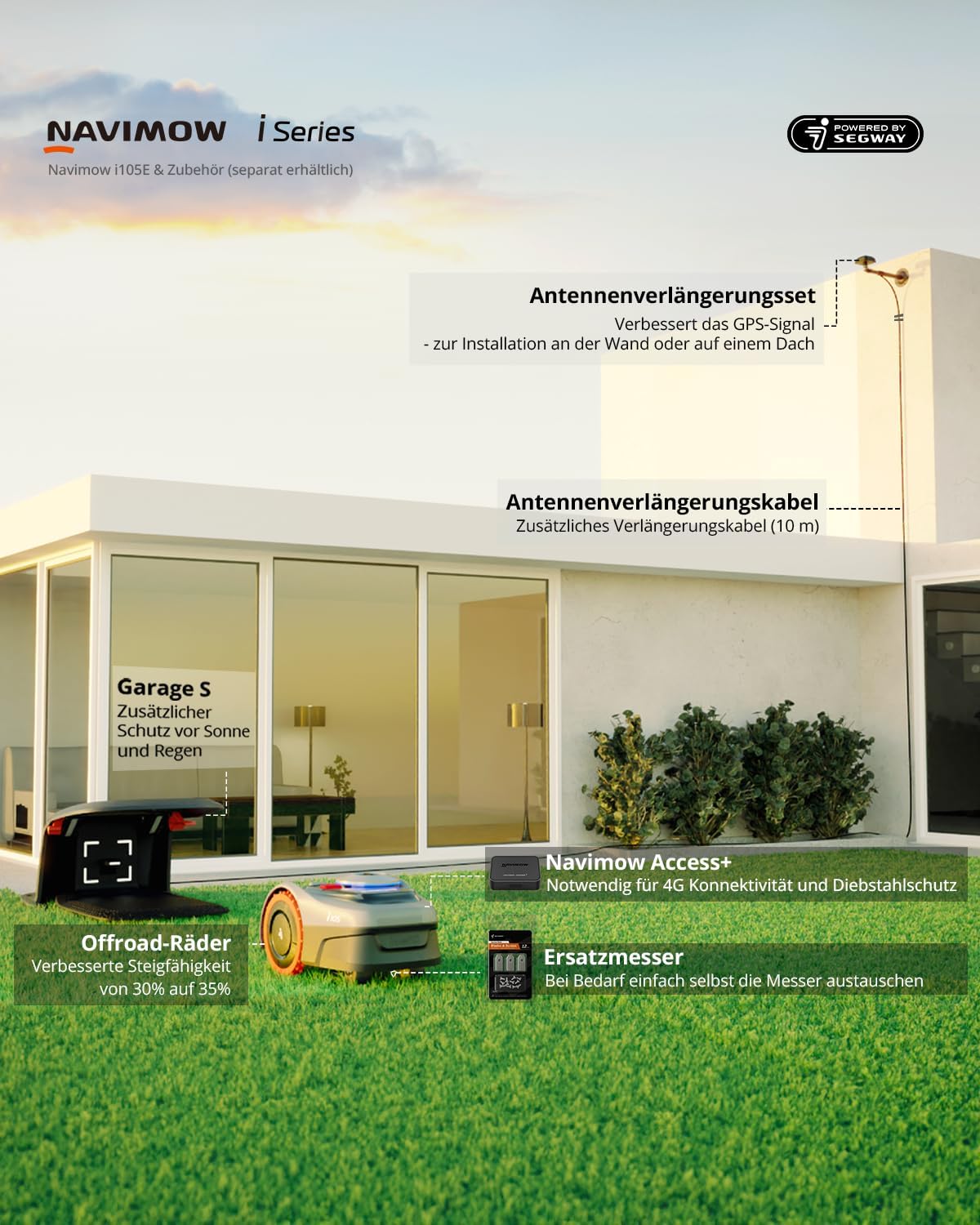 Navimow i105E Mähroboter ohne Begrenzungskabel, Empf. 500 m², Max. 600 m², RTK+Vision Rasenmäher Roboter Testsieger, Igelschutz Rasenroboter, KI Auto Kartierung, Virtuelle Begrenzung, Mehrzonen