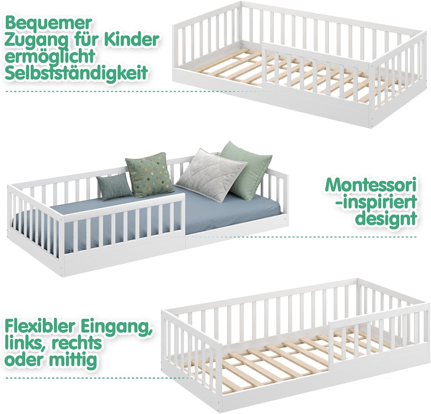 CADANI Timi 2in1 Bodenbett 140x200 cm Montessori Kinderbett mit abnehmbaren Rausfallschutz inkl. Lattenrost, Kiefer Massivholz, weiß - 3 Aufbauvarianten, bis 200 kg belastbar, umbaubar