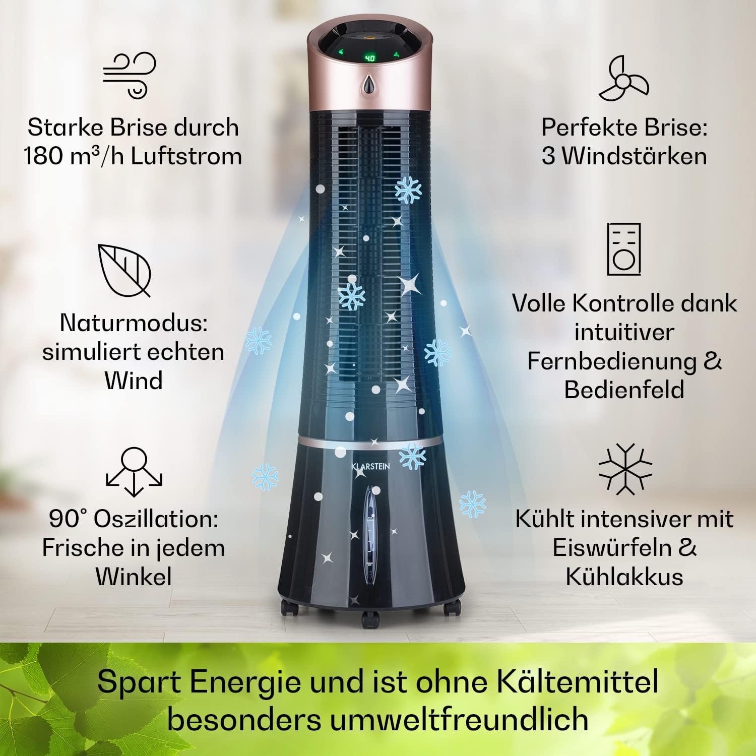 Klarstein 4-in-1: Smart Luftkühler, Ventilator, Luftbefeuchter & Ionisation I 6 L Wassertank, Oszillation, 30 W, 210 m³/h, Timer I Klimagerät ohne Abluftschlauch, Mobiles Klimagerät, Schwarz-Rosegold