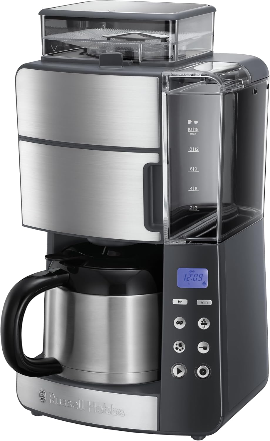Russell Hobbs Kaffeemaschine mit Mahlwerk Thermokanne [Digitaler Timer, Brausekopf für opt. Extraktion & Aroma] Grind&Brew (max 10 Tassen, 3-stufige Mahlgradeinstellung) Filterkaffeemaschine 25620-56