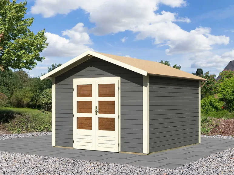 Karibu Gartenhaus »Carlos«, Satteldach, Witterungsschutz, Tür mit 3 Lichtausschnitten