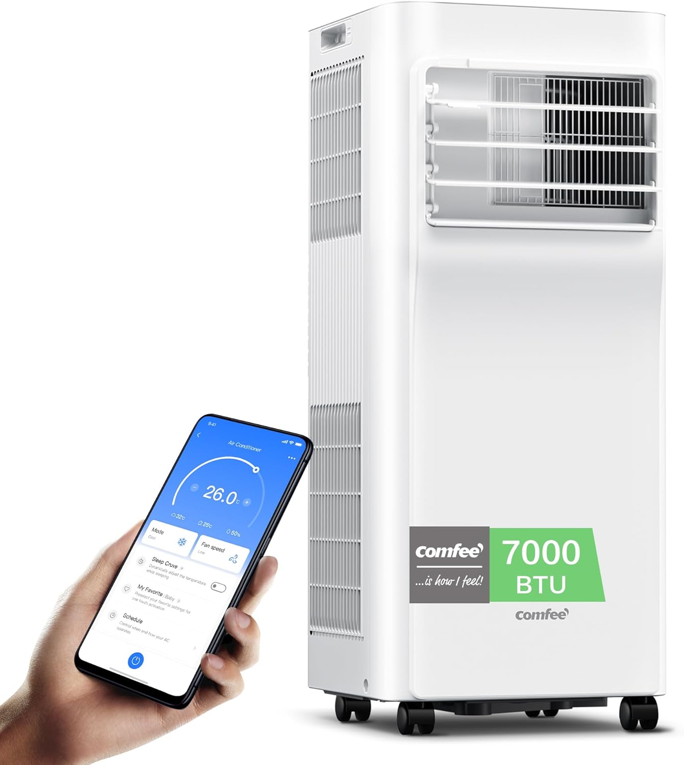 Comfee Mobiles Klimagerät Breezy Cool Pro 2.6,9000 BTU 2,6kW, Kühlen&Ventilieren&Entfeuchten,APP-Steuerung,Raumgröße bis 88m³(33㎡),Mobile Klimaanlage mit Abluftschlauch