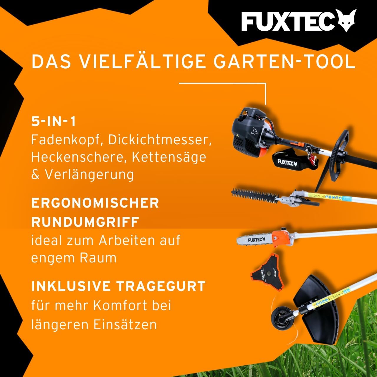 FUXTEC Benzin Motorsense FX-MT152E 5in1 Multitool, 52 cc, Profi-Tragegurt und inkl. 1m Verlängerung 3 PS Kombigerät Heckenschere Hochentaster Kombisystem Freischneider fs 2-Takt Test Oberklasse 1,4