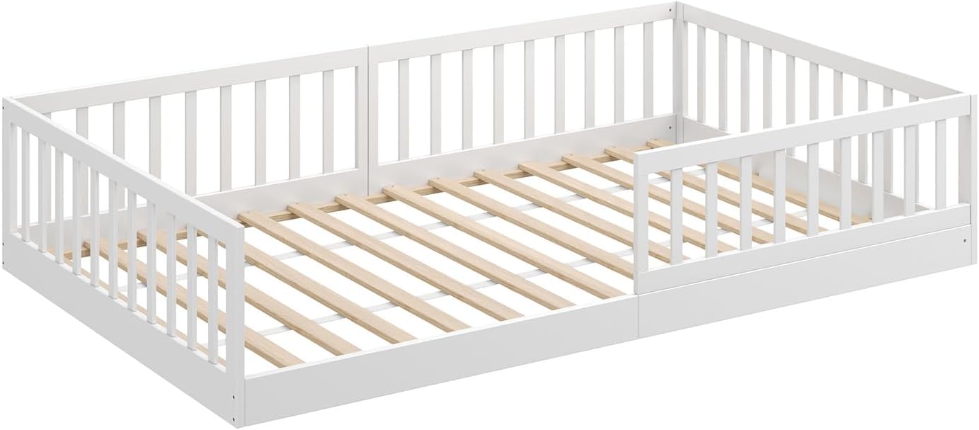 CADANI Timi 2in1 Bodenbett 140x200 cm Montessori Kinderbett mit abnehmbaren Rausfallschutz inkl. Lattenrost, Kiefer Massivholz, weiß - 3 Aufbauvarianten, bis 200 kg belastbar, umbaubar
