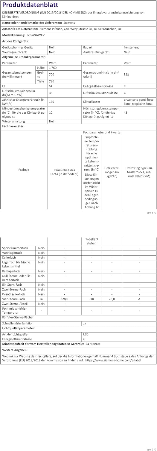 Siemens GS54NAWCV iQ500 Gefrierschrank, 176 x 70 cm, 327 L, noFrost nie wieder abtauen, bigBox Platz für großes Gefriergut, varioZone flexible Glas-und Schubladen, Weiß