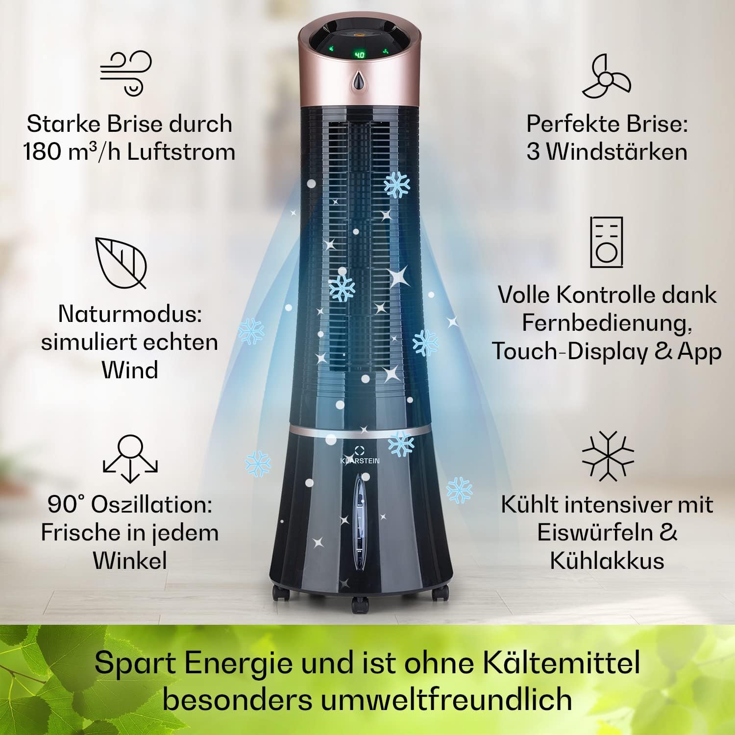 Klarstein 4-in-1: Smart Luftkühler, Ventilator, Luftbefeuchter & Ionisation I 6 L Wassertank, Oszillation, 30 W, 210 m³/h, Timer I Klimagerät ohne Abluftschlauch, Mobiles Klimagerät, Schwarz-Rosegold
