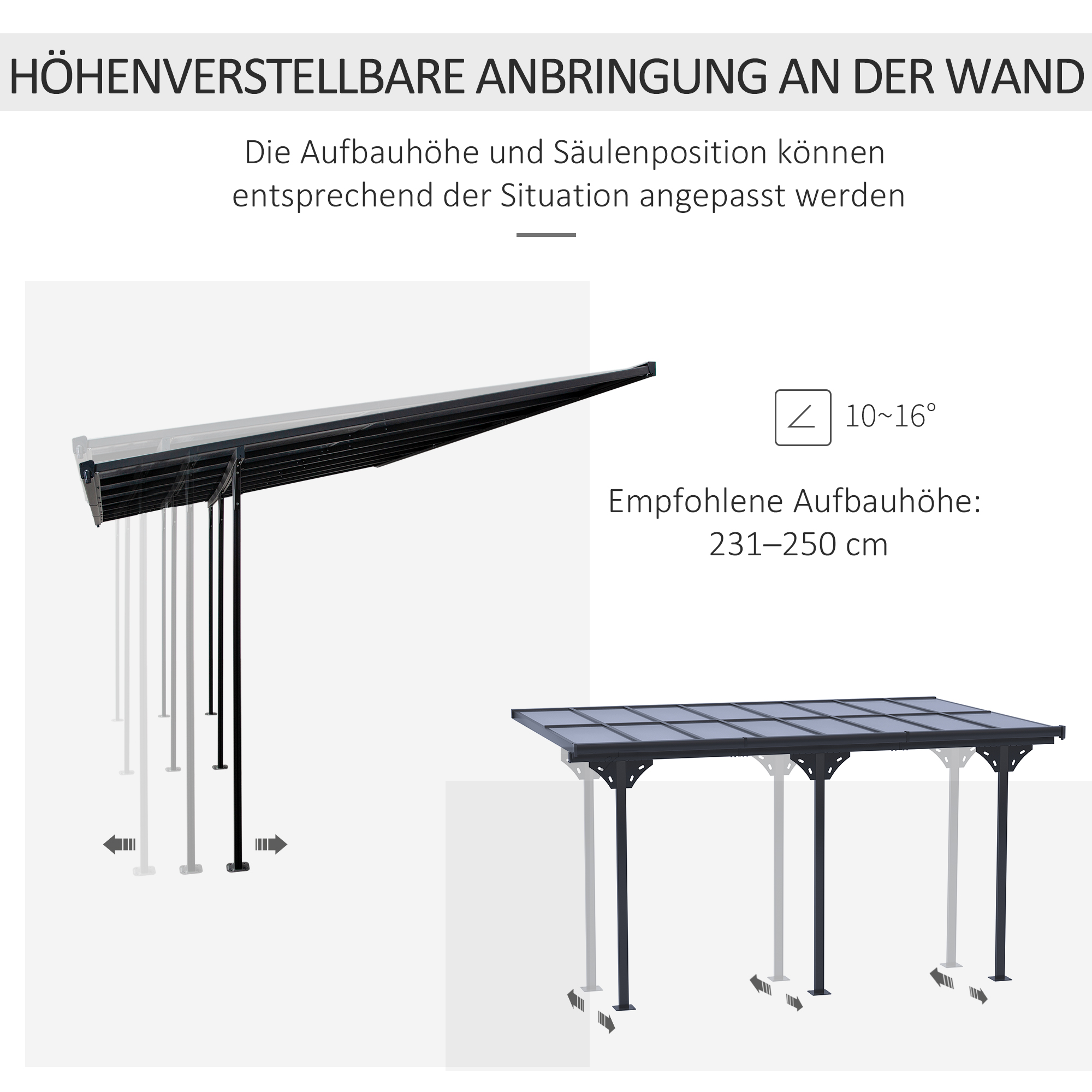 Outsunny Pergola Pavillon  4.35 x 3.02 m Gartenpavillon Überdachung Zelt 231-250 cm höhenverstellbar Sonnenschutz Terrassendach Anbaupavillion Aluminium Grau
