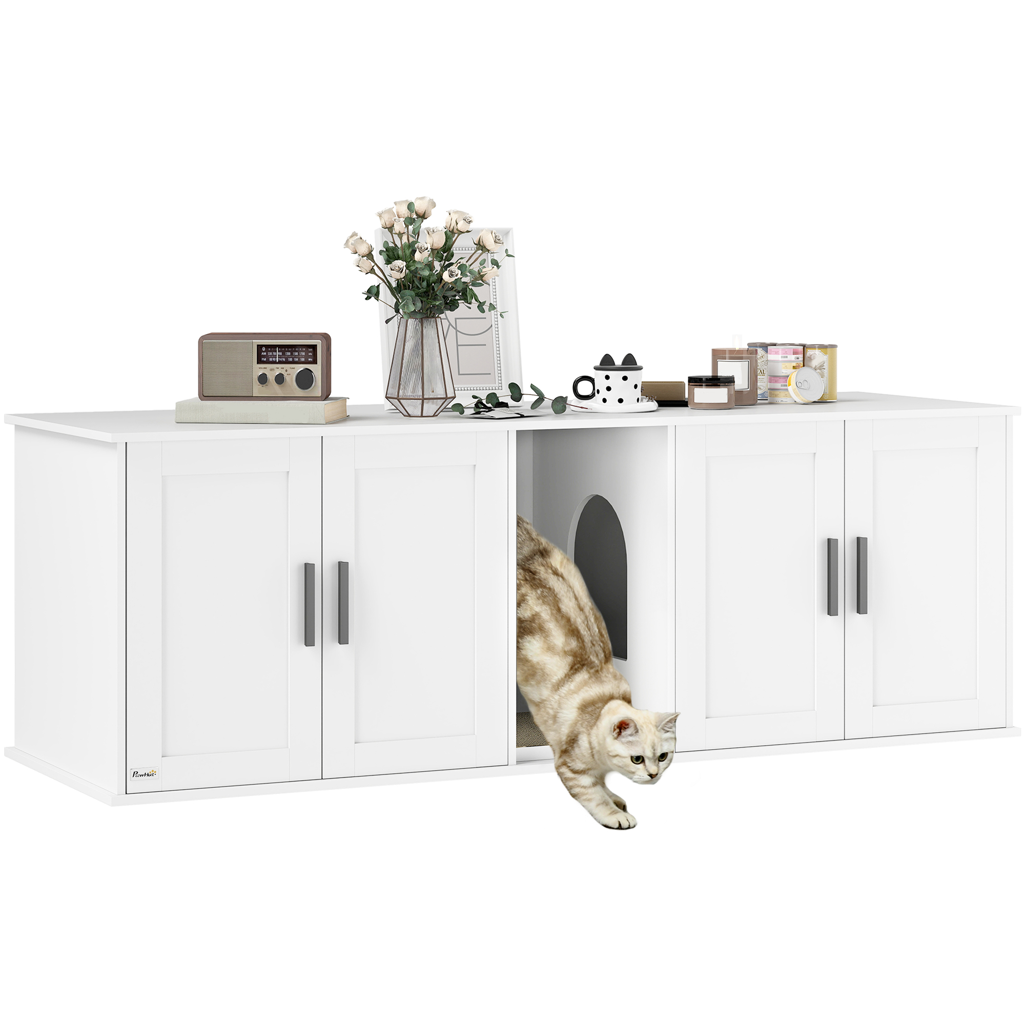 PawHut Katzenklo-Schrank Katzenhaus mit Tür Trennwand Katzentoilette für große Katzen 145 x 49 x 51 cm Weiß