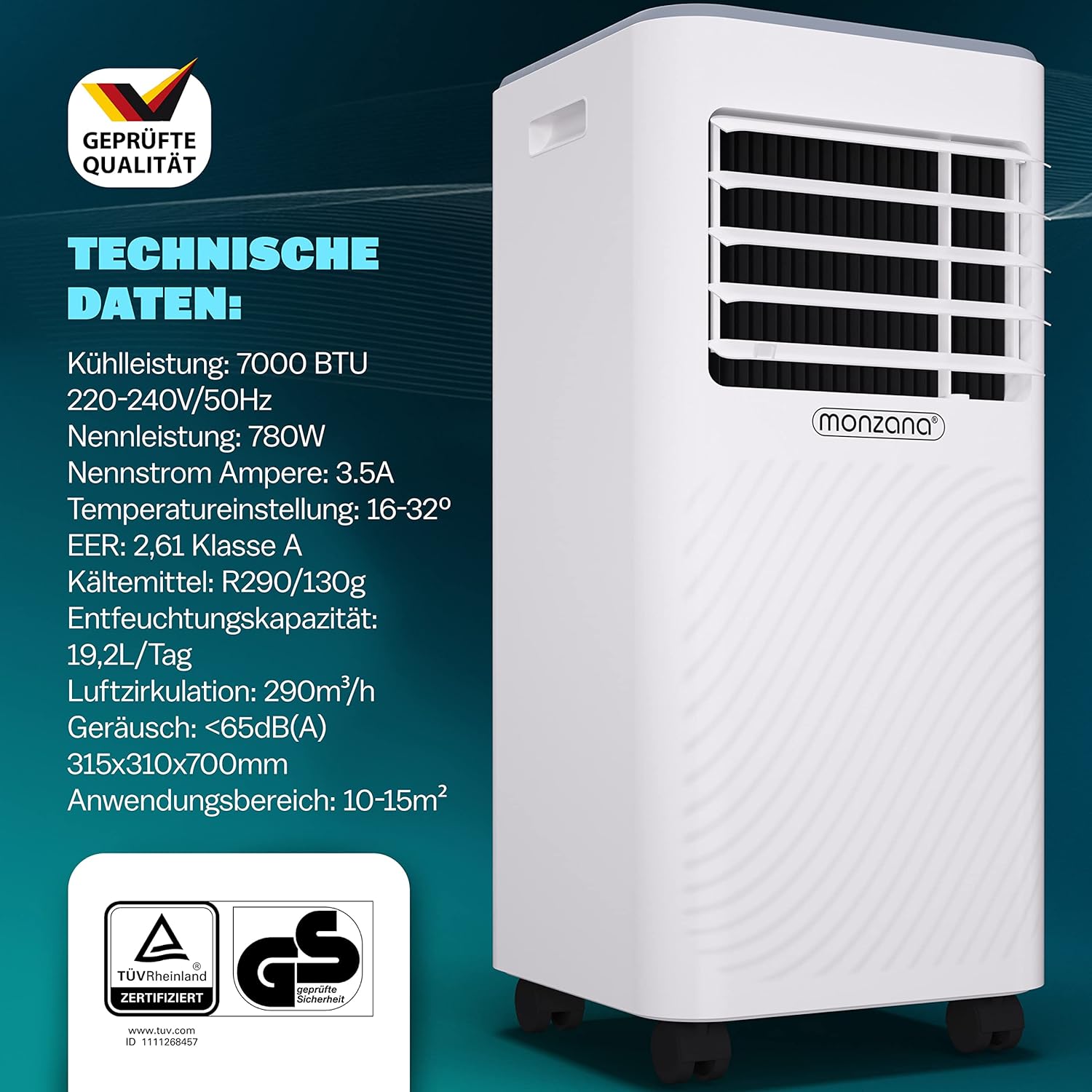 Monzana lokale Klimaanlage MZKA2000 Mobil Abluftschlauch 7000BTU 3in1 750W 24h Timer 25qm Fernbedienung Luftentfeuchter Rollladenkit Klimagerät