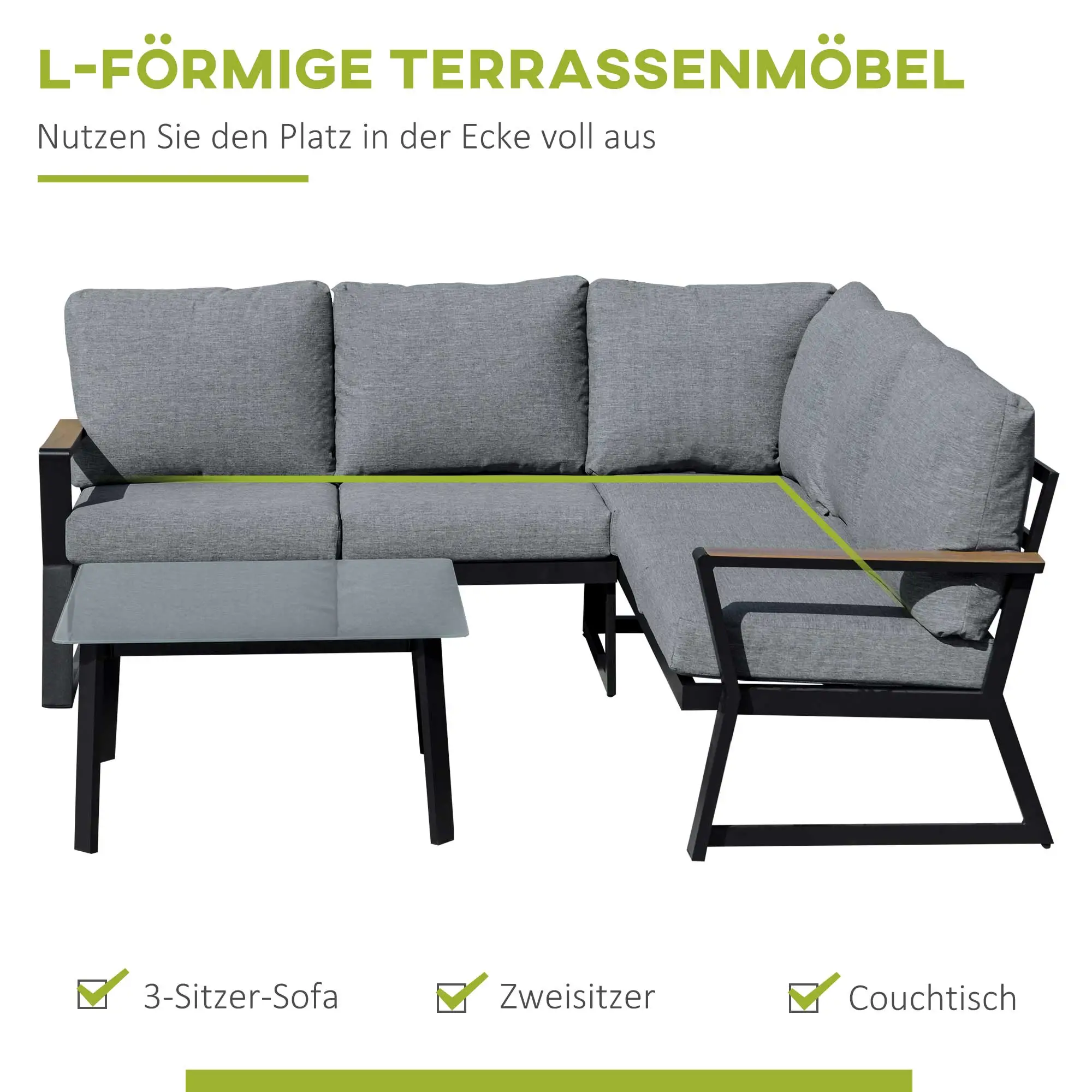 Outsunny Gartenmöbelset 3-teilig Ecksofa mit Tisch Aluminium