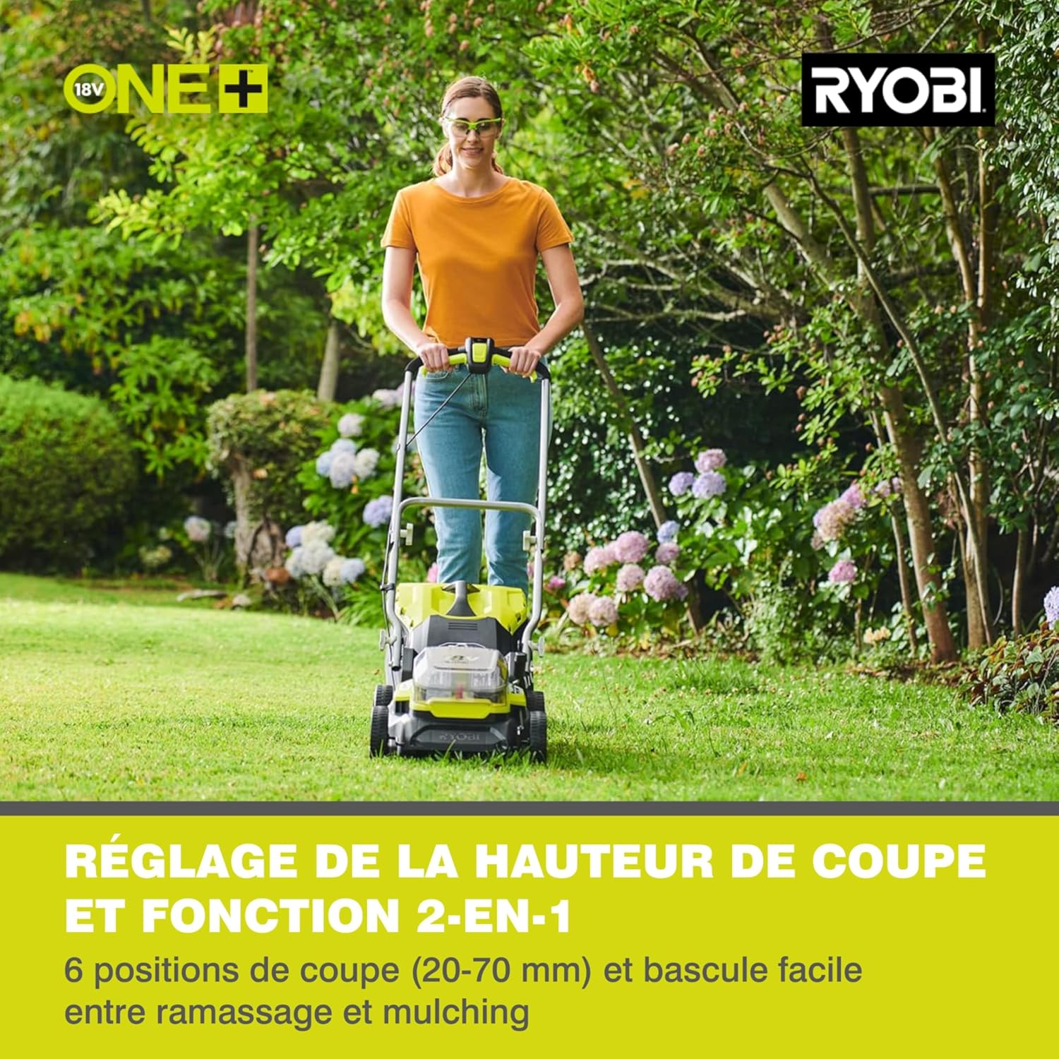 RYOBI 18 V ONE+ Akku-Rasenmäher RLM18X33B40 (Schnittbreite 33 cm, 5-fache Höhenverstellung 25-65 mm, zusammenklappbares Griffgestänge, inkl. Mulchkeil, 35l Grasfangsack, 4,0Ah Akku & Ladegerät)