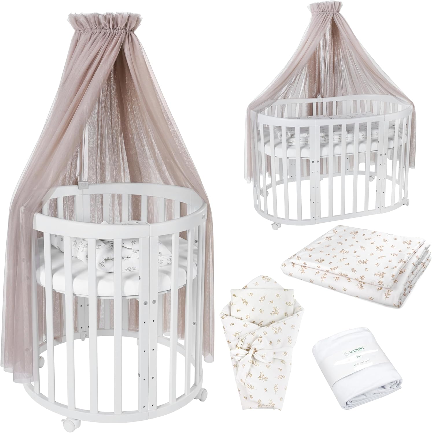 Waldin Oval Baby-Bett Mitwachsend Komplett Set 7in1, Gitterbett, Kinderbett mit Matratze, Wickelkommode, Beistellbett, Holz Weiß