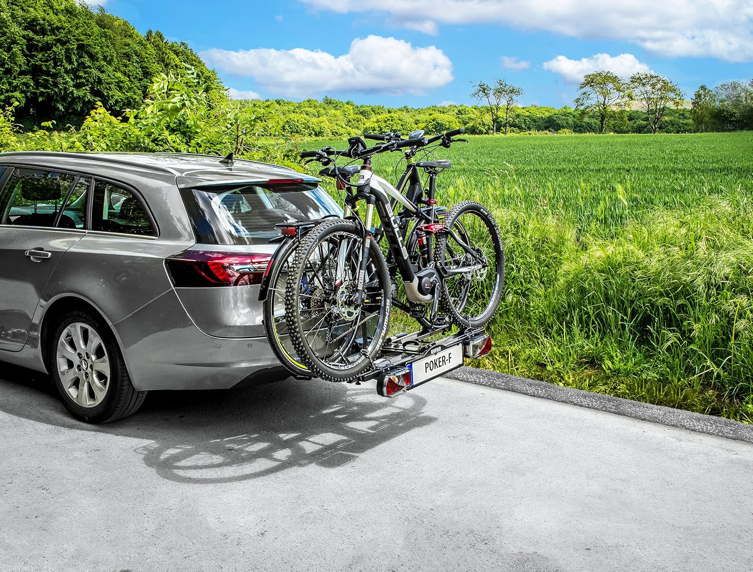 EUFAB 12010LAS Fahrradträger POKER-F, E-Bike geeignet, komplett vormontiert, Diebstahlschutz, für 2 Fahrräder, für Anhängerkupplung, Schwarz, 142 x 70 x 58 cm