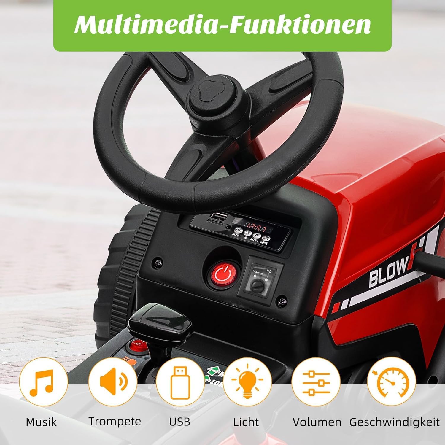 HAUSPROFI 12V 3-Gang Kinder Elektroauto mit Anhänger, Elektro Traktor 2 Fahrmodi, 2,4G-Fernbedienung, Kinder Traktor LED-Licht, Bluetooth, Musik, USB, Elektrischer Traktor für kinder ab 3 Jahren, Grün