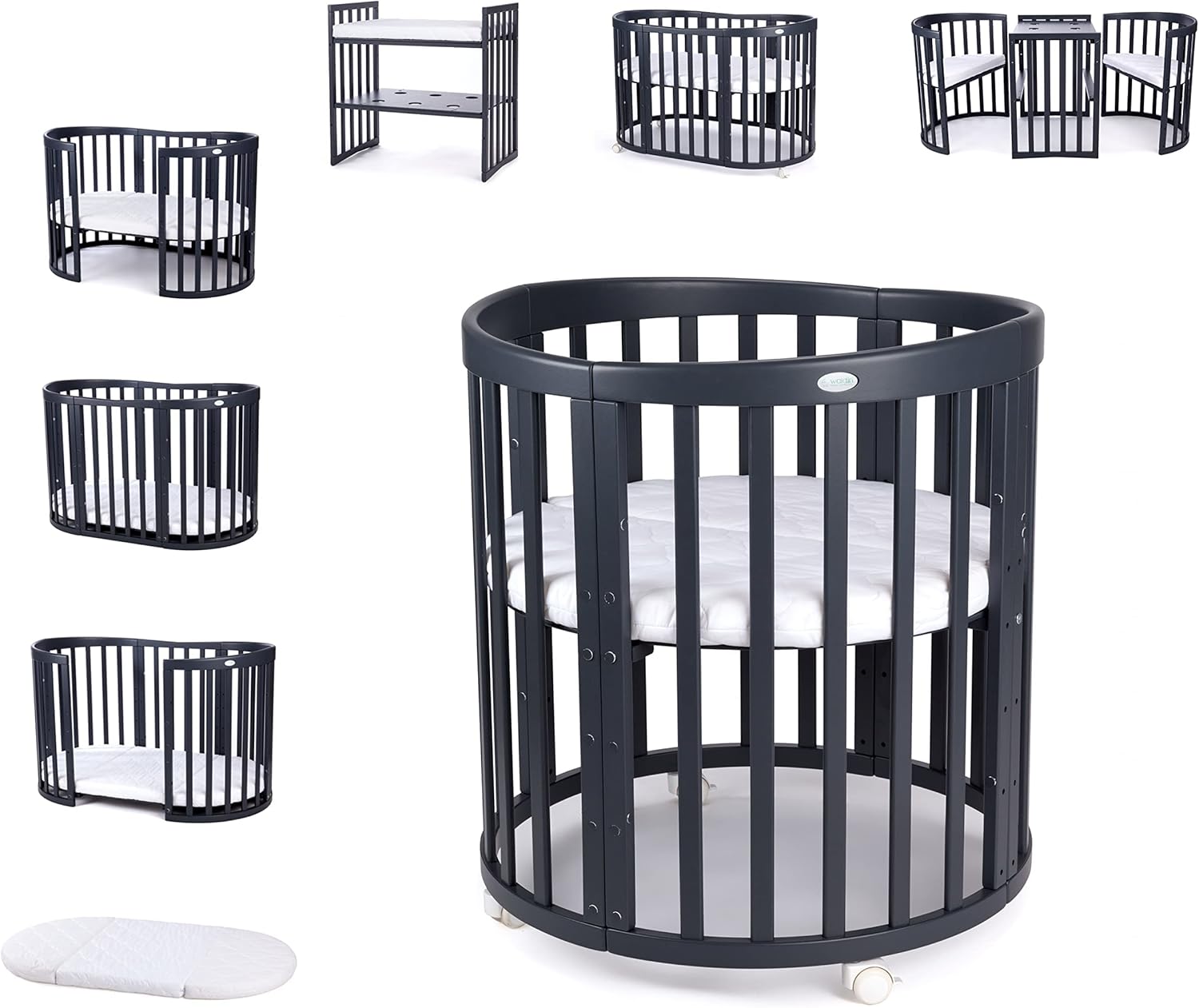 Waldin Oval Baby-Bett Mitwachsend Komplett Set 7in1, Gitterbett, Kinderbett mit Matratze, Wickelkommode, Beistellbett, Holz Weiß