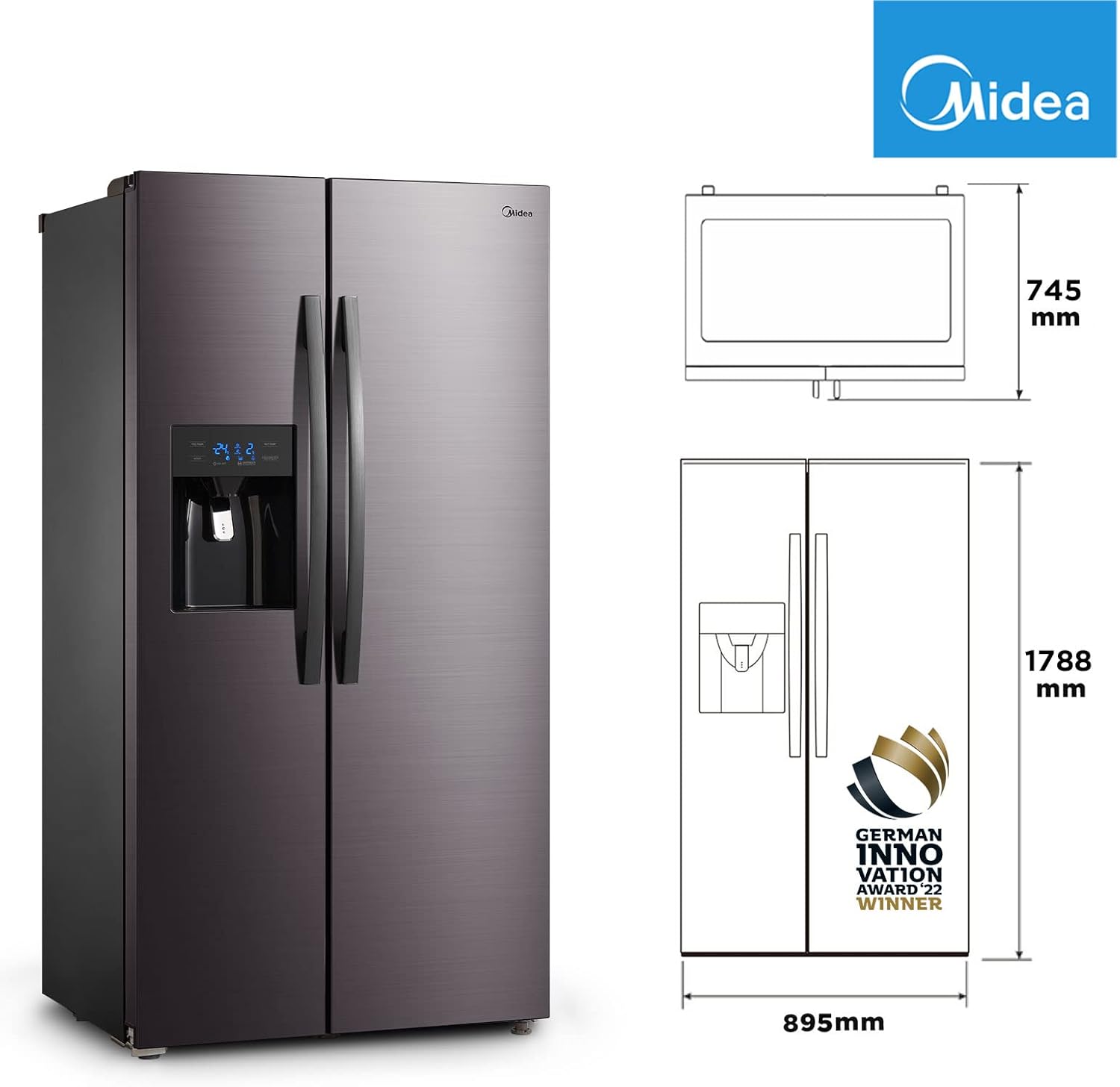 Midea KS-DDX 6.32 WT Side-by-Side Kühl-/Gefrierkombination/ 178,8 cm Hhe/ 254 kWh/Jahr/No Frost/Dual Inverter Compressor/mit 3in1 Wasser-/Eisspender und Wassertank, Dark Inox