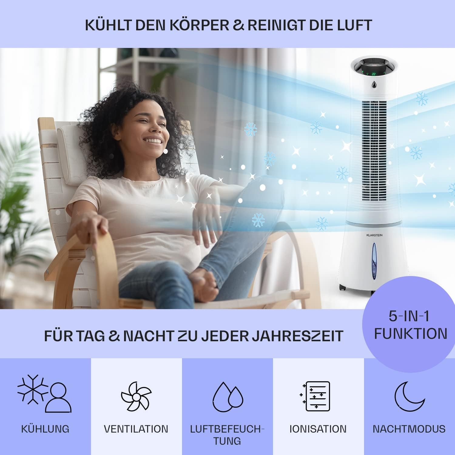 Klarstein 4-in-1: Smart Luftkühler, Ventilator, Luftbefeuchter & Ionisation I 6 L Wassertank, Oszillation, 30 W, 210 m³/h, Timer I Klimagerät ohne Abluftschlauch, Mobiles Klimagerät, Schwarz-Rosegold
