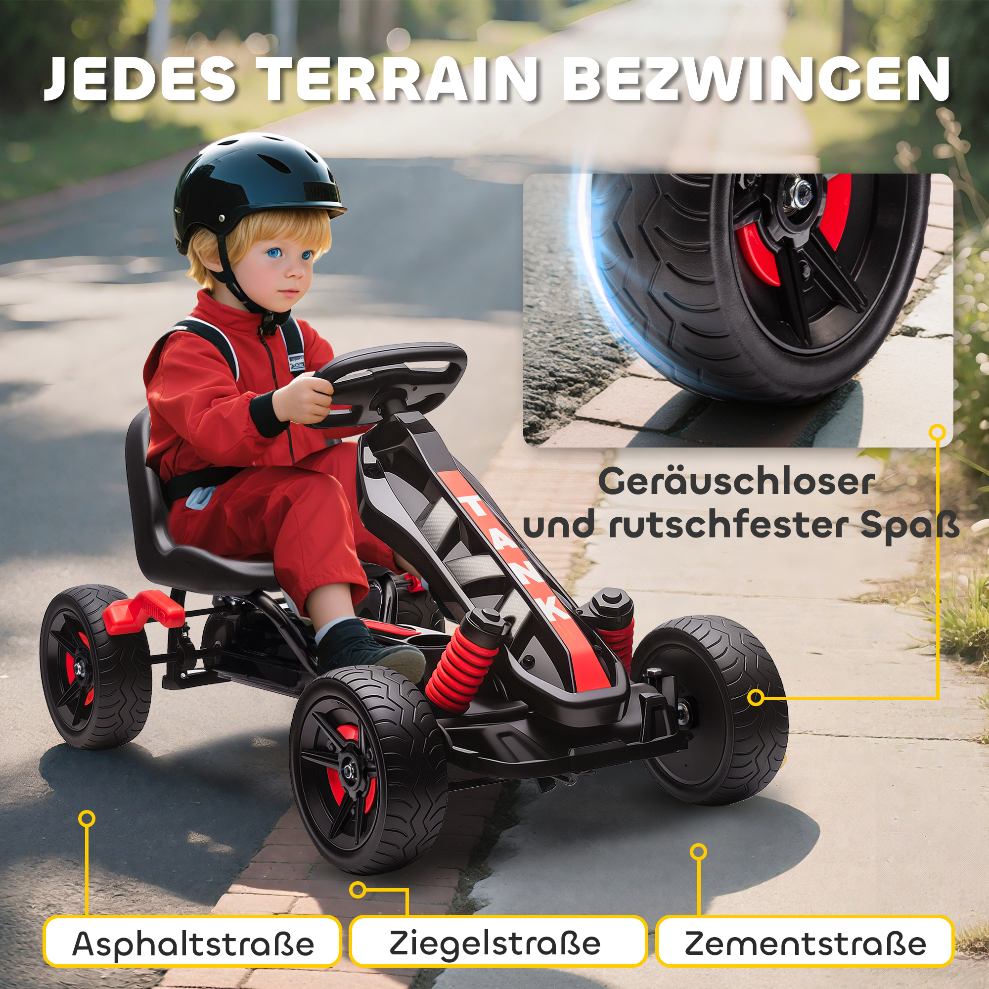 AIYAPLAY Gokart mit Pedalen, Tretauto für Kinder mit Bremse, rutschfeste Räder, Metallrahmen, 3-6 Jahre, Rot