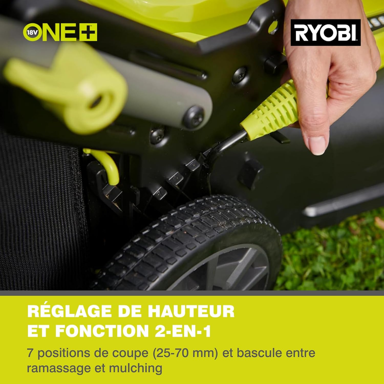 RYOBI 18 V ONE+ Akku-Rasenmäher RLM18X33B40 (Schnittbreite 33 cm, 5-fache Höhenverstellung 25-65 mm, zusammenklappbares Griffgestänge, inkl. Mulchkeil, 35l Grasfangsack, 4,0Ah Akku & Ladegerät)