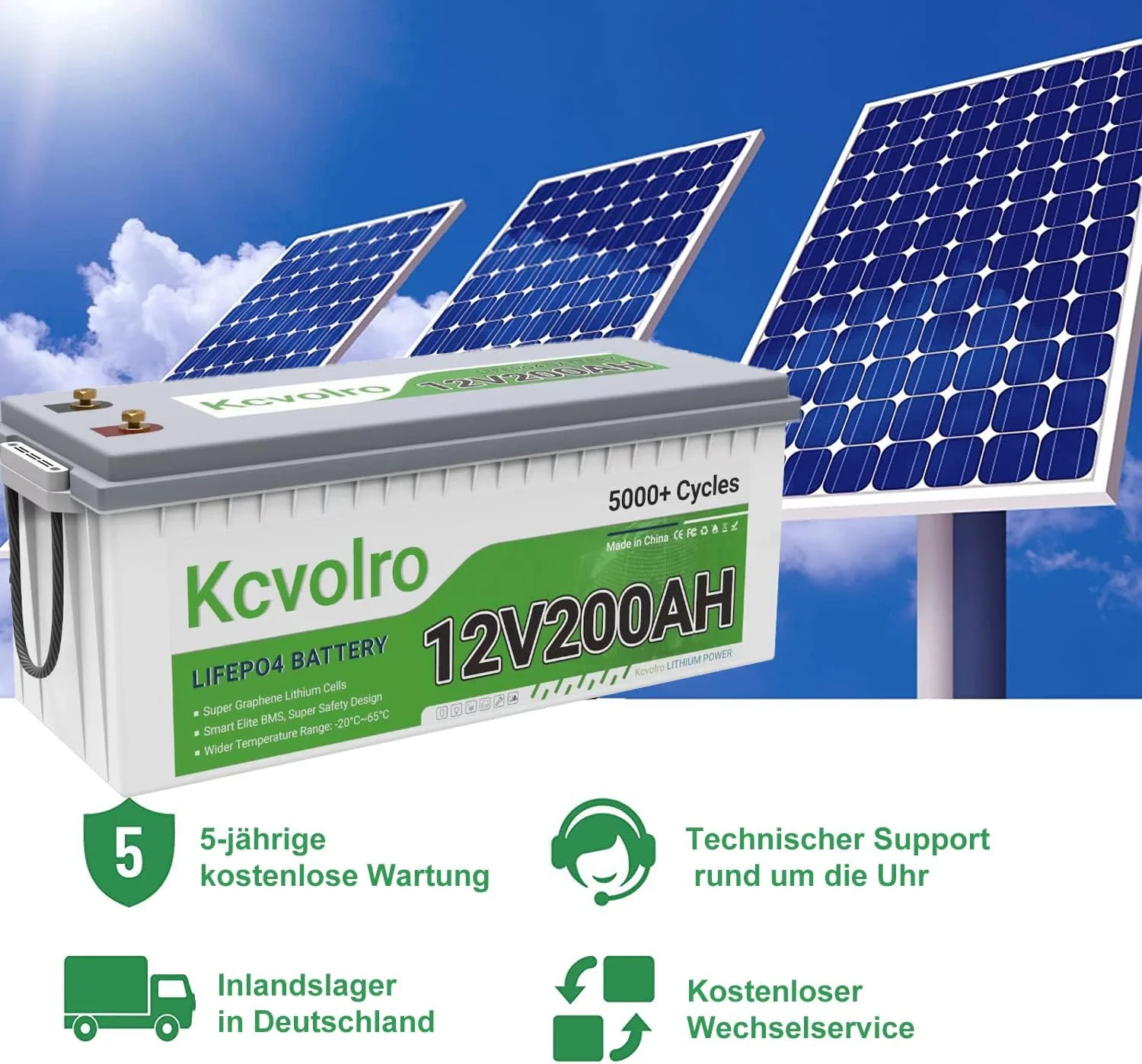 Kcvolro Bluetooth LiFePO4 200Ah 12V Lithium Batterie, über 7000-15000+ Zyklen, 2 fache Lebensdauer E