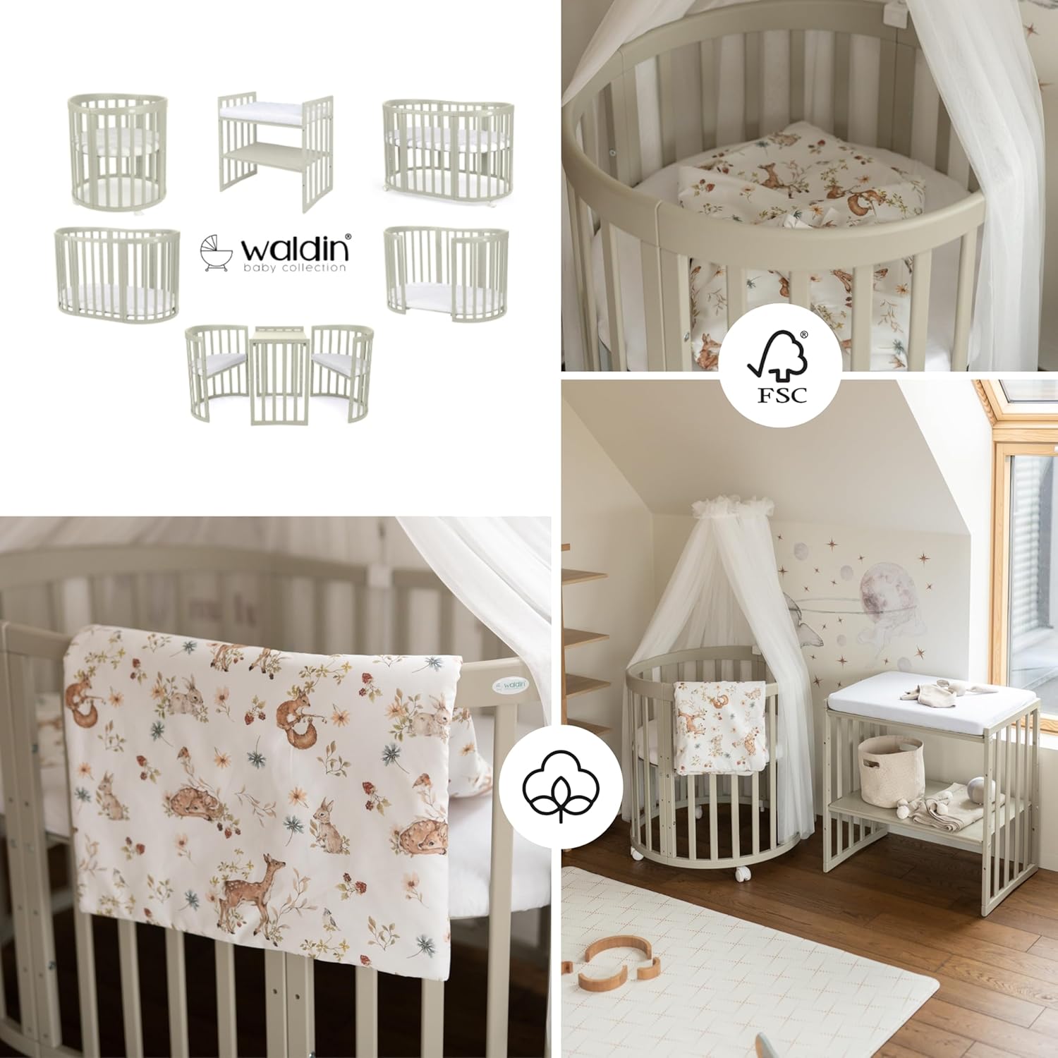 Waldin Oval Baby-Bett Mitwachsend Komplett Set 7in1, Gitterbett, Kinderbett mit Matratze, Wickelkommode, Beistellbett, Holz Weiß