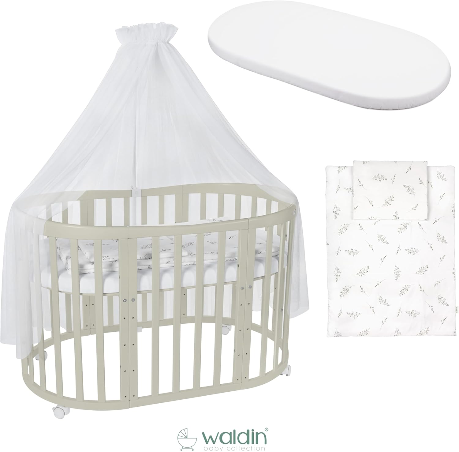 Waldin Oval Baby-Bett Mitwachsend Komplett Set 7in1, Gitterbett, Kinderbett mit Matratze, Wickelkommode, Beistellbett, Holz Weiß