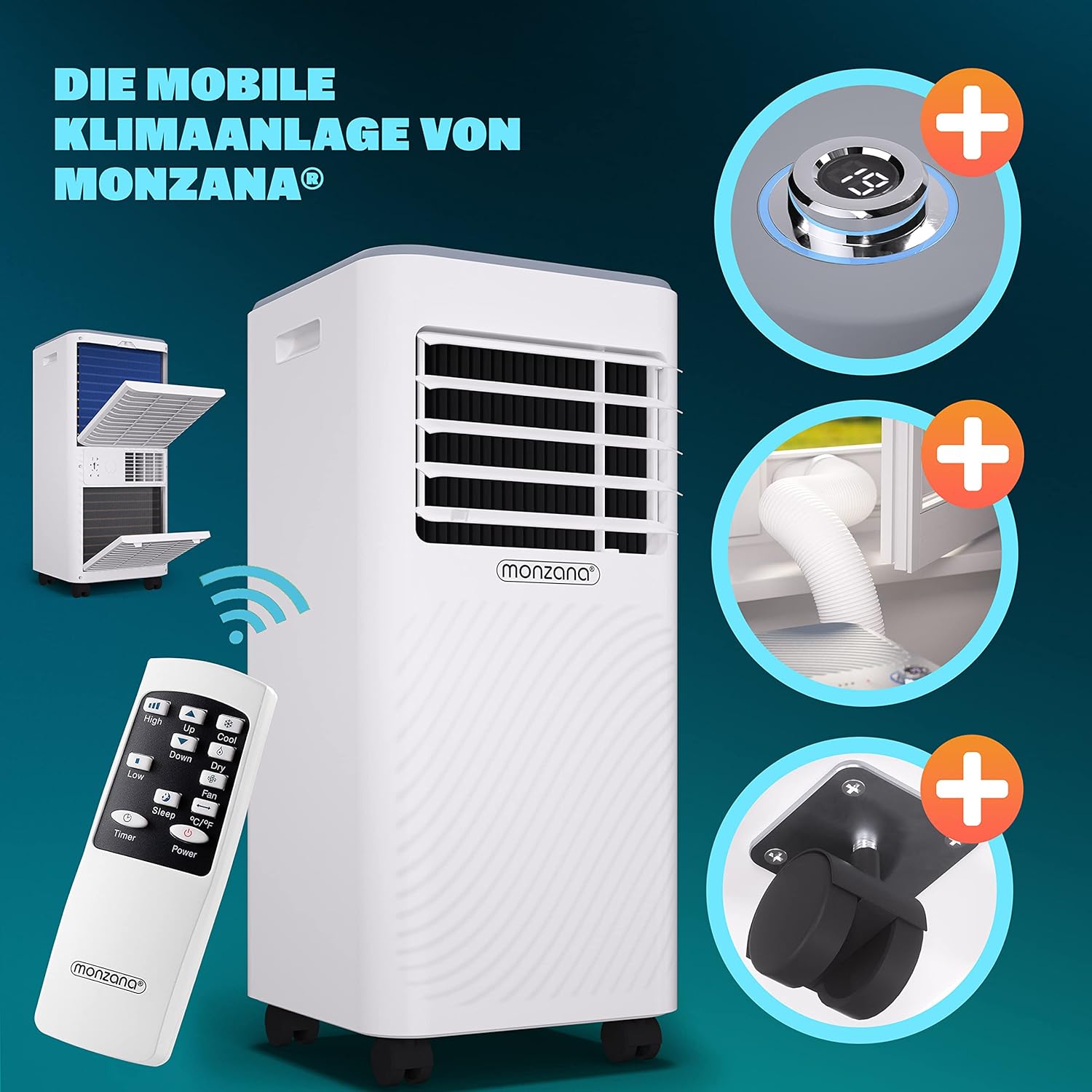 Monzana lokale Klimaanlage MZKA2000 Mobil Abluftschlauch 7000BTU 3in1 750W 24h Timer 25qm Fernbedienung Luftentfeuchter Rollladenkit Klimagerät