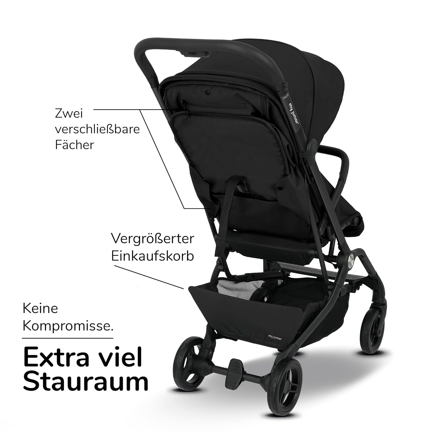 my junior Buggy PICO³ | bis 22kg | Einhand AutoFold-Klappmechanismus | Ergonomische Liegeposition nach IGR e.V. | großes Sonnenverdeck UV50+ | Handgepäckmaß | 2 Belüftungsfenster Hazel - Black