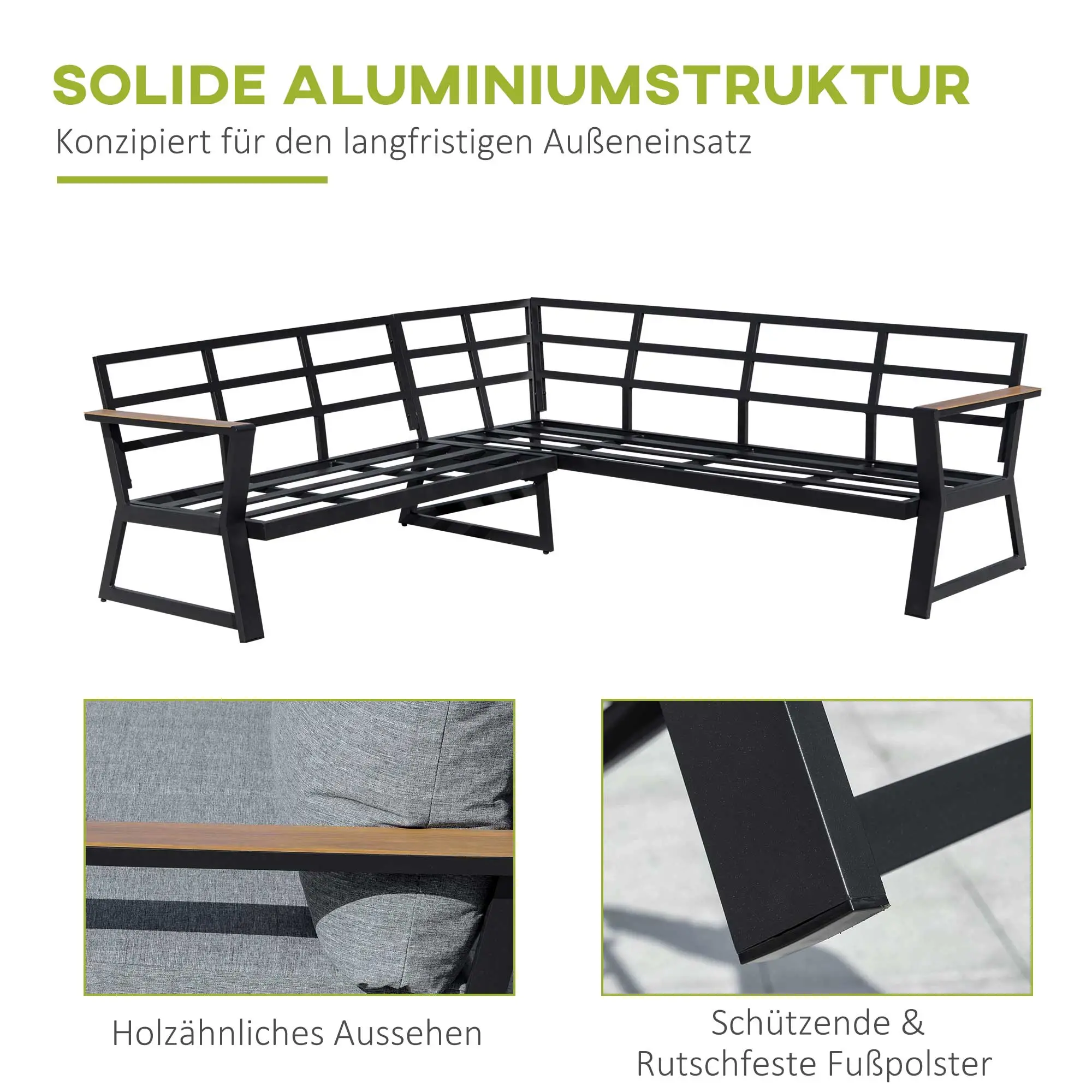 Outsunny Gartenmöbelset 3-teilig Ecksofa mit Tisch Aluminium