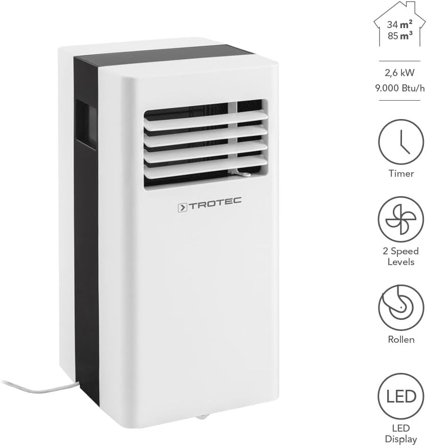 TROTEC PAC 2100 X mobile Klimaanlage 3-in-1 Kühlung, Ventilation, Entfeuchtung Monoblock-Klimagerät 2 kW 7.000 BTU/h für Raumgrößen bis 26 m² und 65 m³ 2 Ventilationsstufen