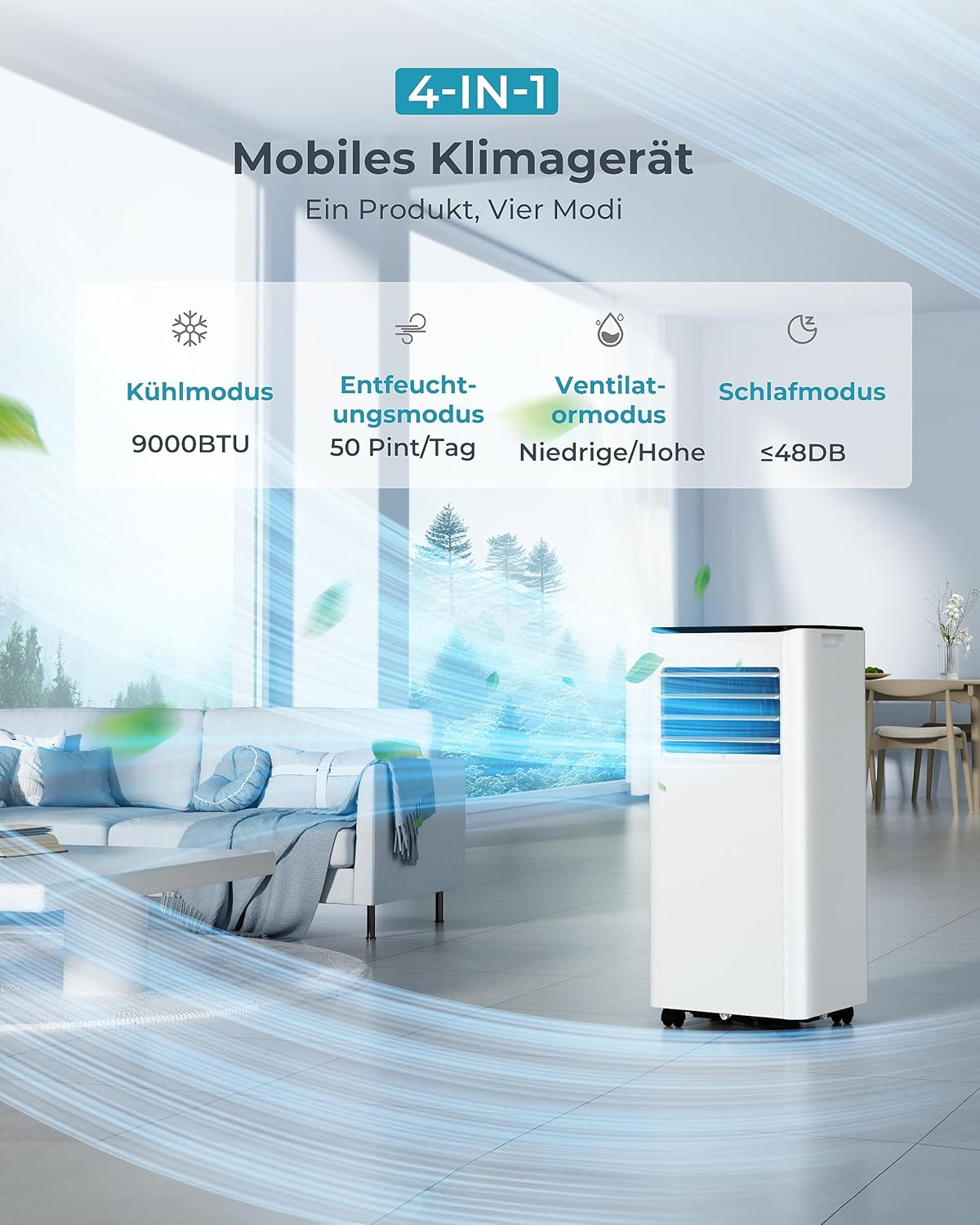 Mobile Klimaanlage 9000 BTU mit Abluftschlauch | 4-in-1 Mobiles Klimagerät | Leiser Betrieb <48 dB | Digitaldisplay + Fernbedienung | Fenster-Installationsset | 24h-Timer | Für Räume bis 25 m²
