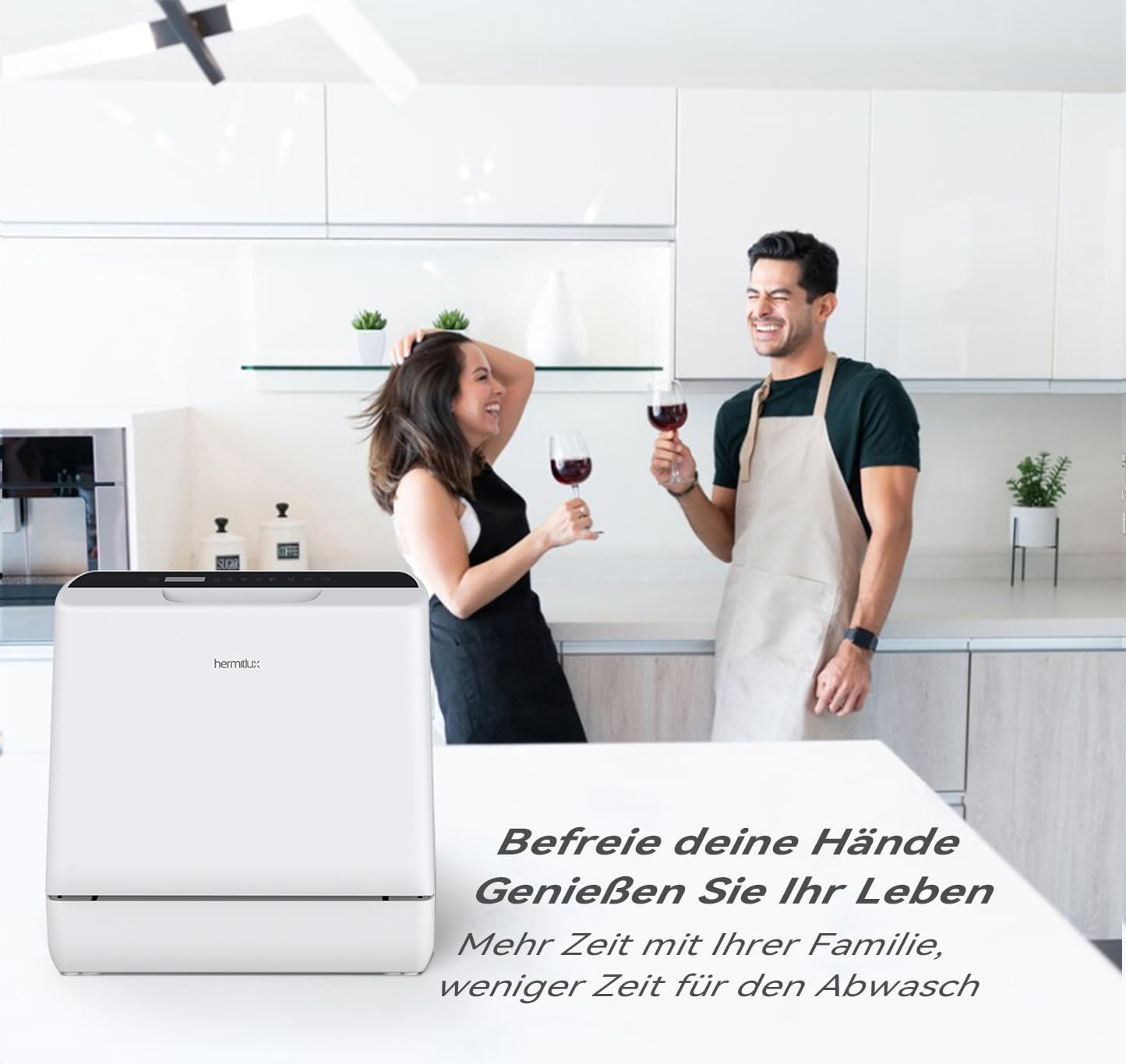 Hermitlux Mini Geschirrspüler, Spülmaschine für 4 Bestecksätze, 5 Liter Wassertank, 6 Programme Mini Tischgeschirrspüler, Perfekt für Wohnungen, Schlafsäle, Camping, Weiß