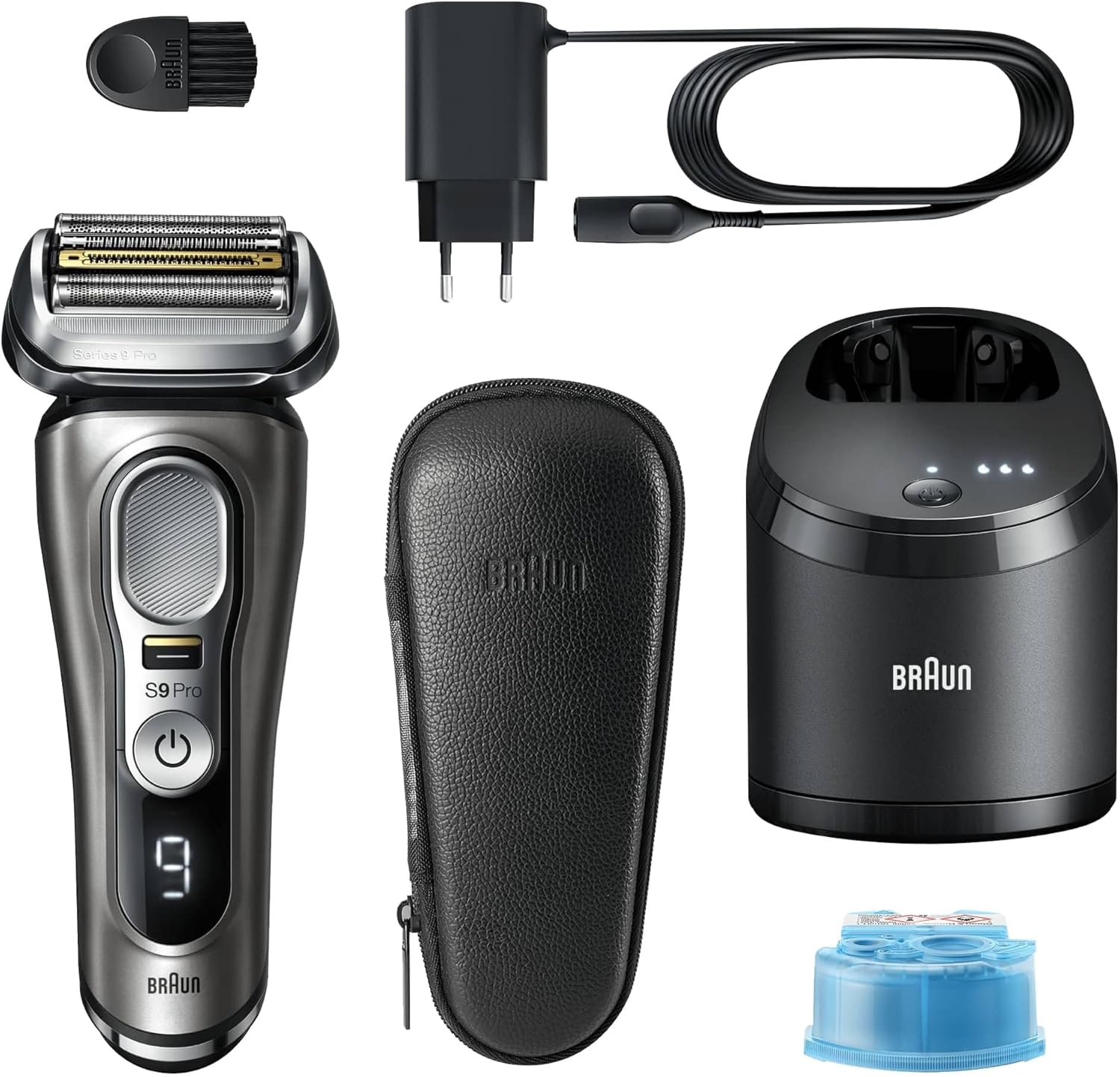Braun Series 9 Pro Premium Rasierer Herren, Testsieger Stiftung Warentest, 4+1 Scherkopf, Elektrorasierer & Trimmer, Reinigungsstation, 60 Min Laufzeit, 9465cc, noble metal