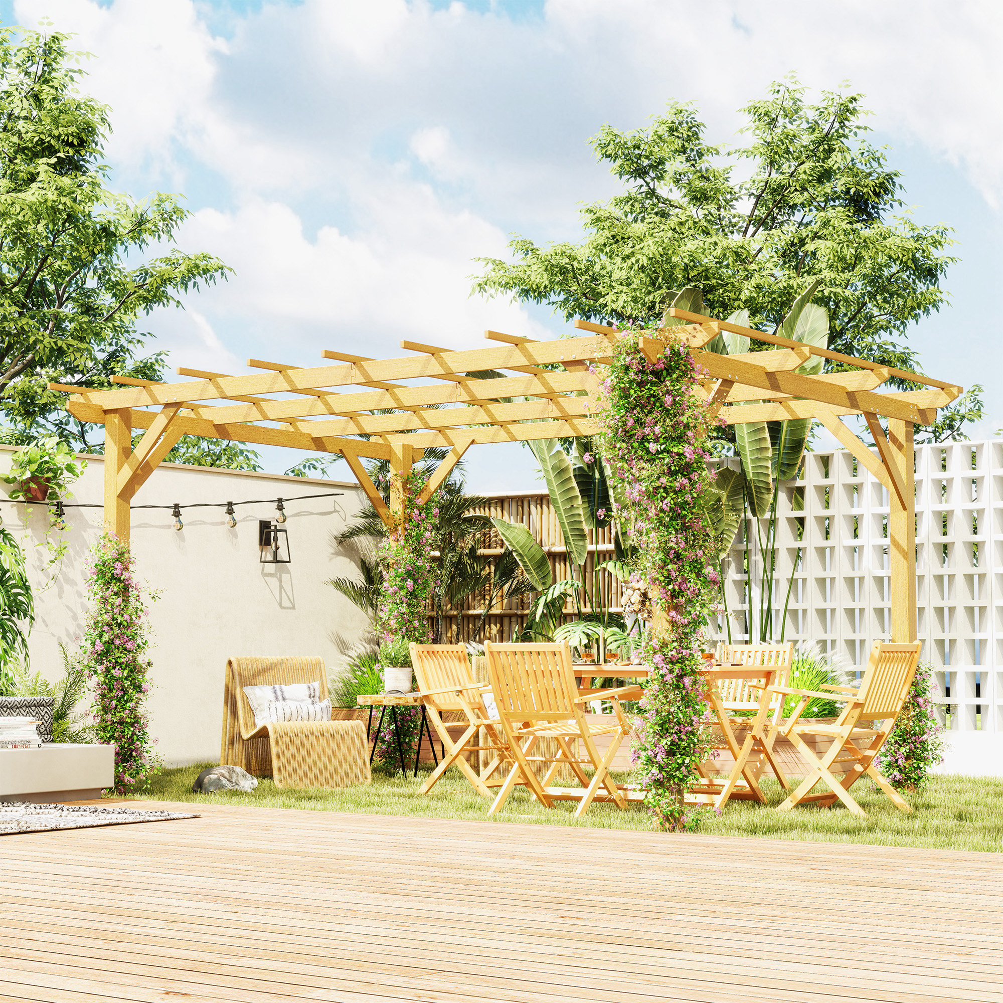 Outsunny Gartenpergola im Freien 3 x 4 m Holzpergola für kletternde Pflanzen, Naturholz