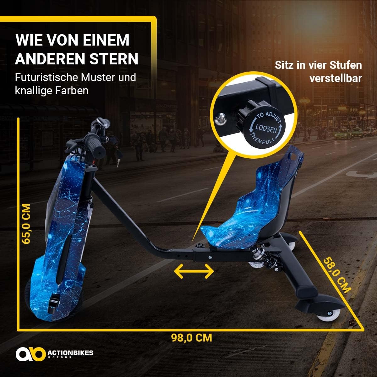 Actionbikes Motors Kinder Elektro Driftscooter | 𝟐𝟓𝟎 Watt Motor - Drift Cart 360°- 3 Geschwindigkeitsstufen - LED-Beleuchtung - Sitz verstellbar - Bluetooth - Drift Kart - Drift Auto (Space Purple)