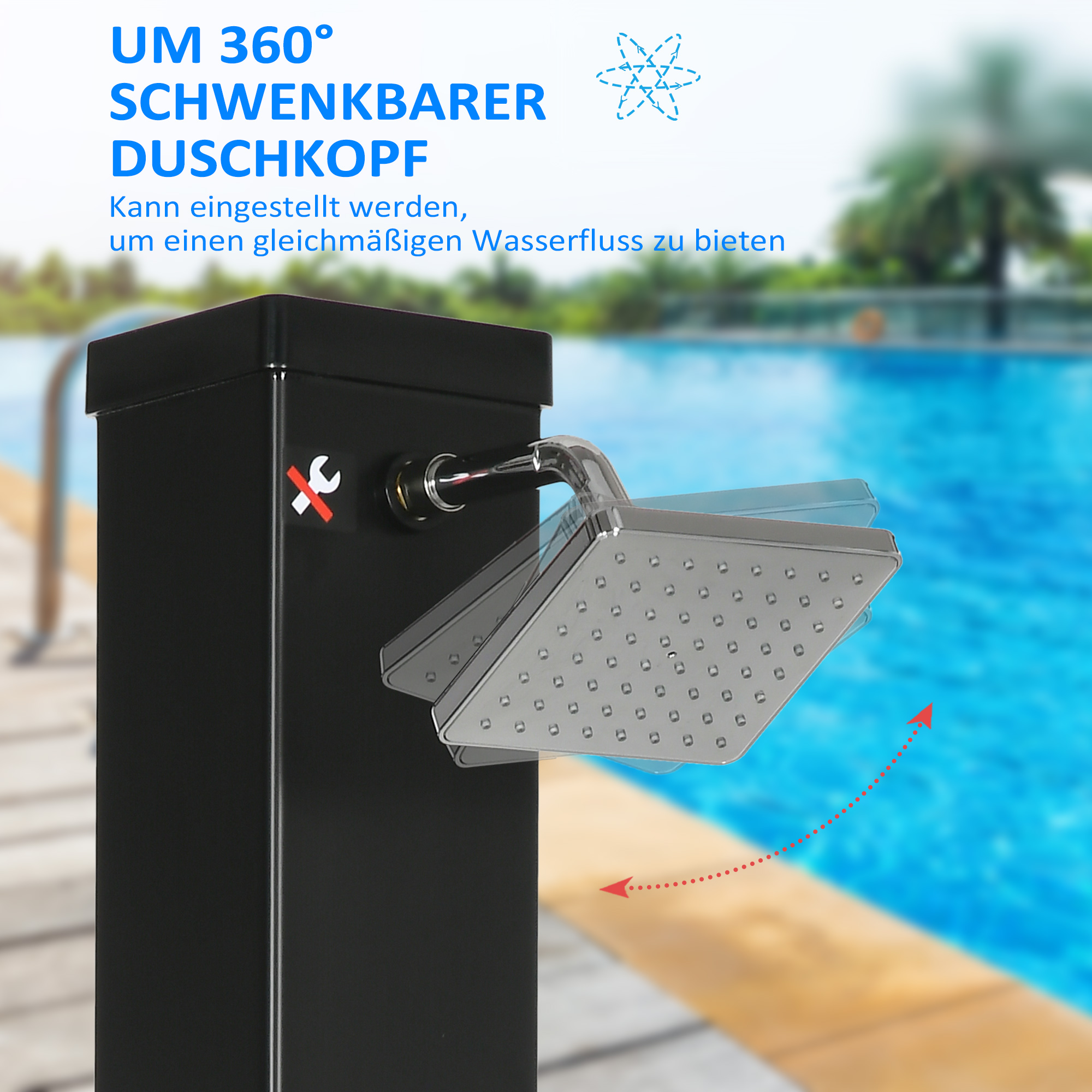 Outsunny Solardusche, um 360° drehbarer Duschkopf, Fußdusche, Wassererhitzung bis 60° C, schwarz, 19 x 20 x 217 cm