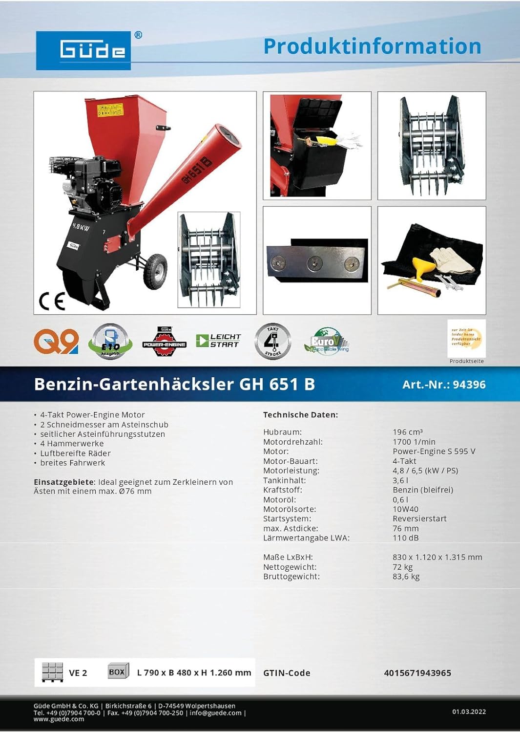 GÜDE GH 651 B Gartenhäcksler | Benzinmotor | 4800 Watt Leistung | Für Äste mit bis zu 76 mm Durchmesser | Fahrwerk