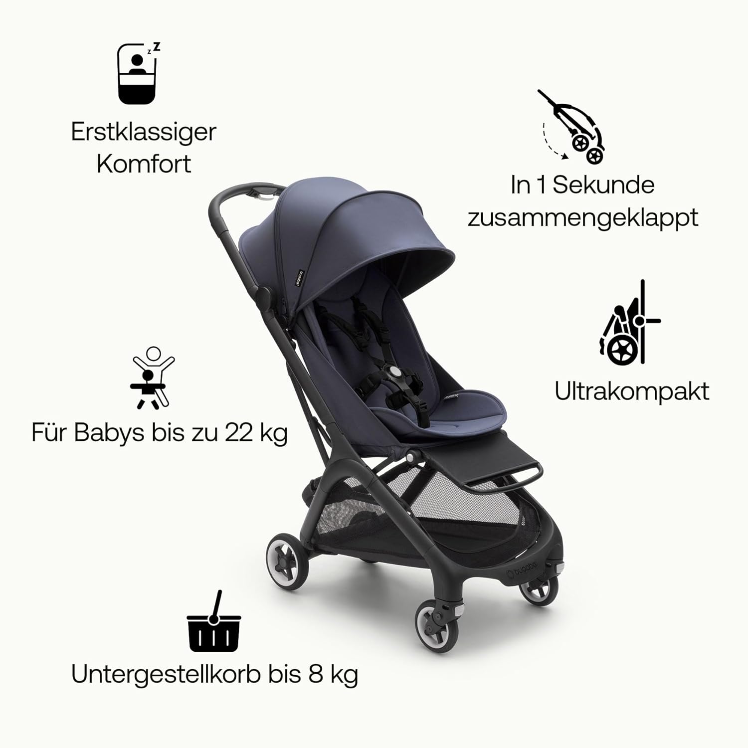Bugaboo Butterfly ultrakompakter Reise-Kinderwagen, klein & leicht, einhändig faltbar und einfach zu lenken, ergonomischer City-Buggy für Babys ab 6 Monaten, mit viel Stauraum, Stormy Blue
