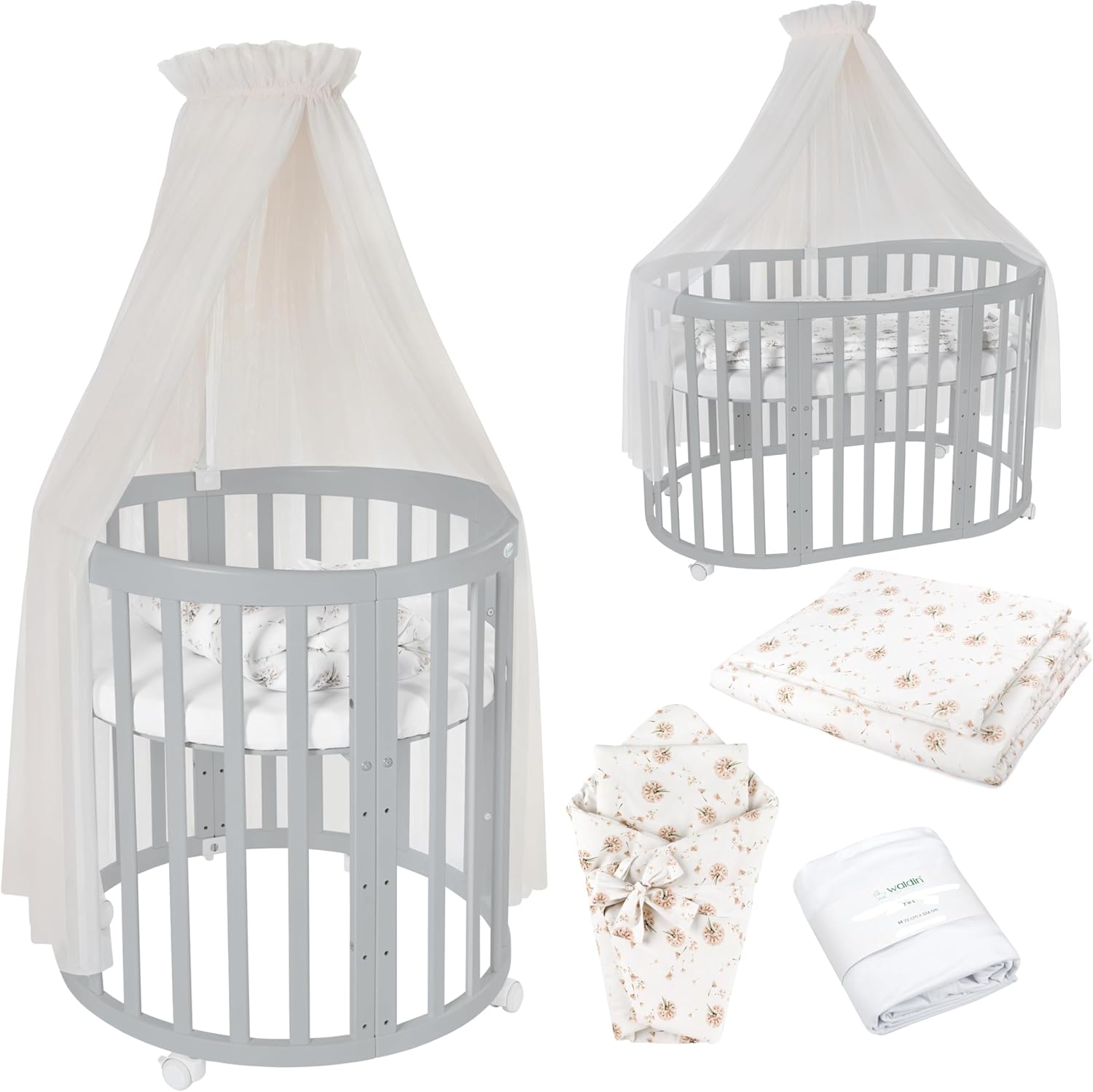 Waldin Oval Baby-Bett Mitwachsend Komplett Set 7in1, Gitterbett, Kinderbett mit Matratze, Wickelkommode, Beistellbett, Holz Weiß