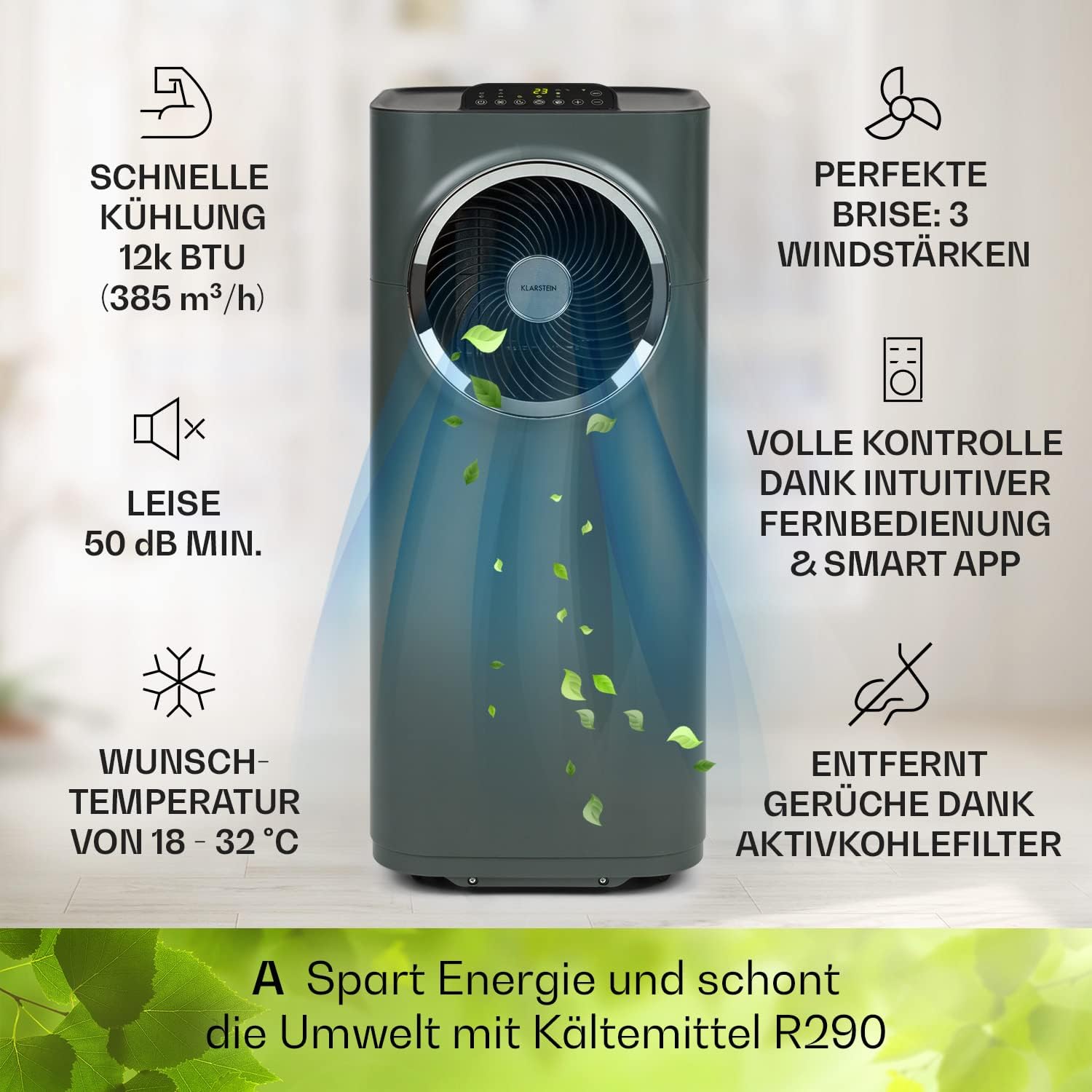 Klarstein Mobile Klimaanlage mit Abluftschlauch, 5-in-1 Klimagerät, Ventilator, Luftentfeuchter, Luftreiniger & Nachtmodus, App-Steuerung, Kleine & Portable, für Wohnung & Büro, 12000 BTU