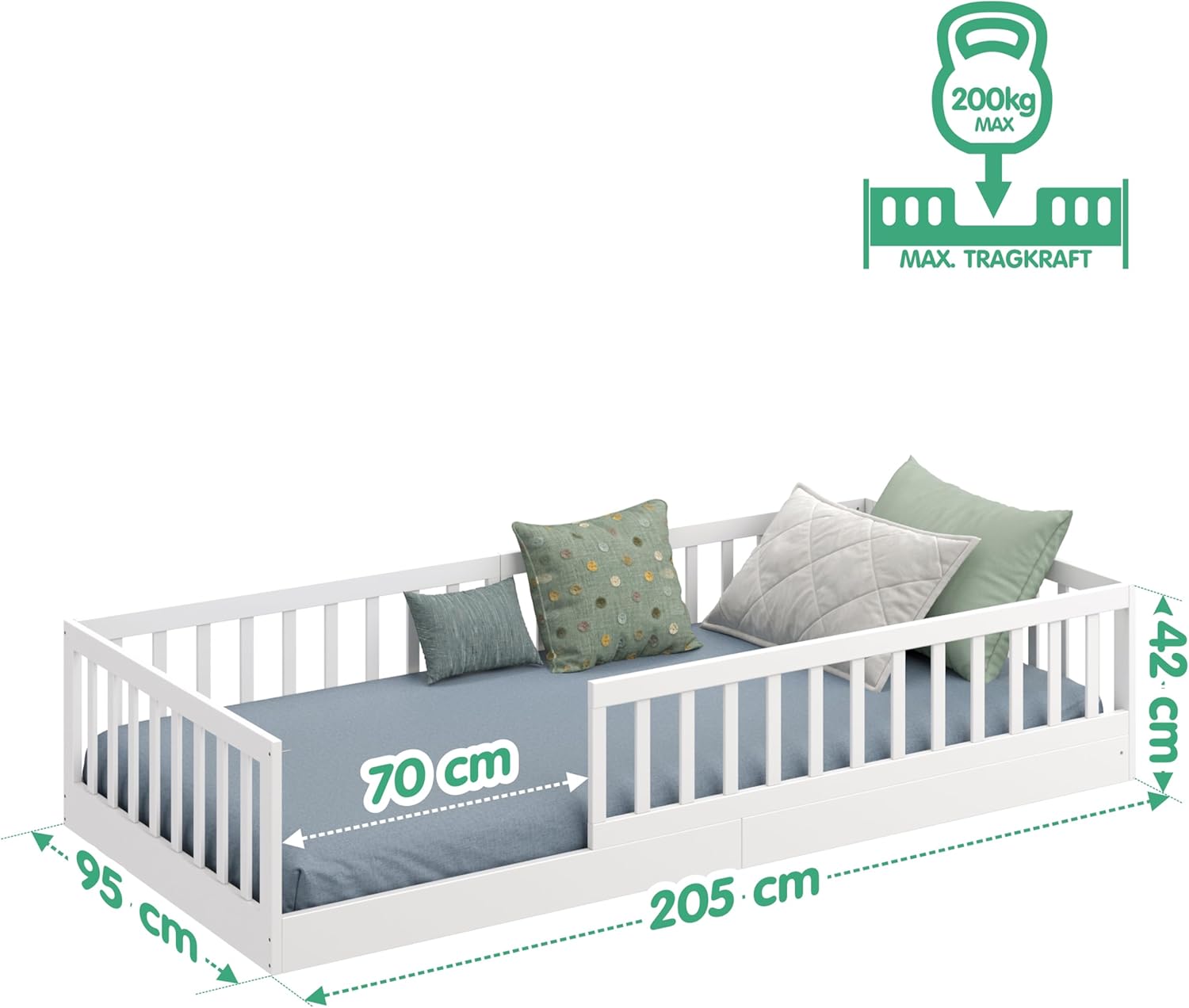 CADANI Timi 2in1 Bodenbett 140x200 cm Montessori Kinderbett mit abnehmbaren Rausfallschutz inkl. Lattenrost, Kiefer Massivholz, weiß - 3 Aufbauvarianten, bis 200 kg belastbar, umbaubar