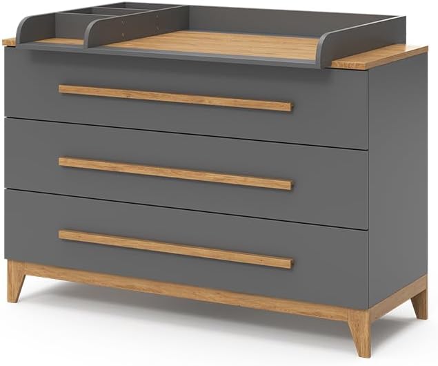 VitaliSpa Wickelkommode Malia, Weiß/Eiche, 133 x 98 cm XL mit 3 Schubladen