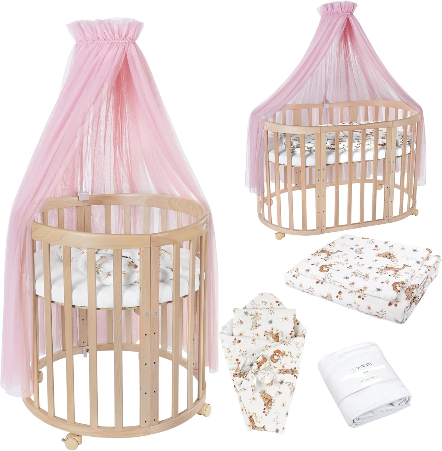 Waldin Oval Baby-Bett Mitwachsend Komplett Set 7in1, Gitterbett, Kinderbett mit Matratze, Wickelkommode, Beistellbett, Holz Weiß