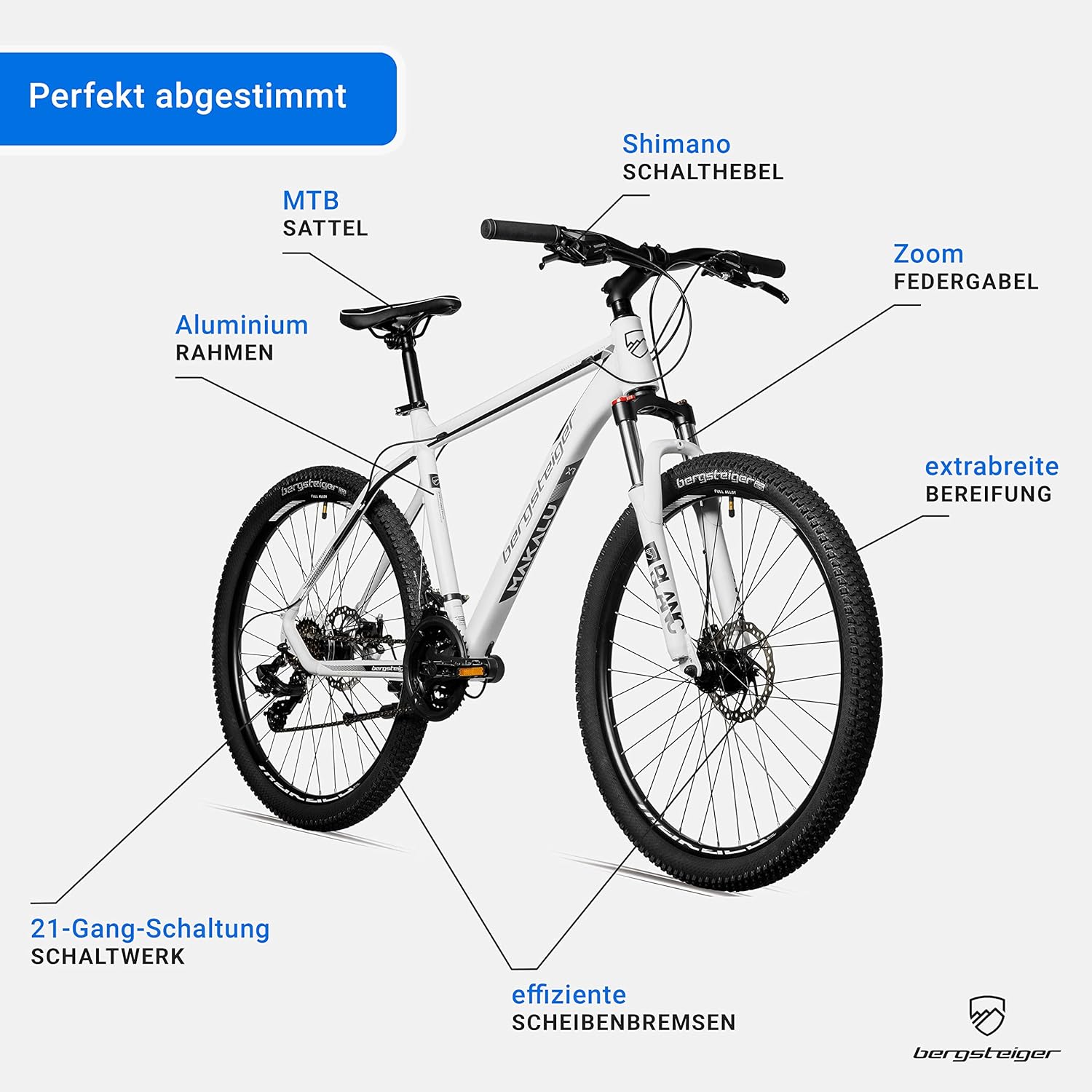 Bergsteiger Makalu 26 Zoll Mountainbike Aluminium, geeignet ab 150 cm, Scheibenbremse, Shimano 21 Gang-Schaltung, Hardtail, Jungen-Fahrrad & Herren-Fahrrad
