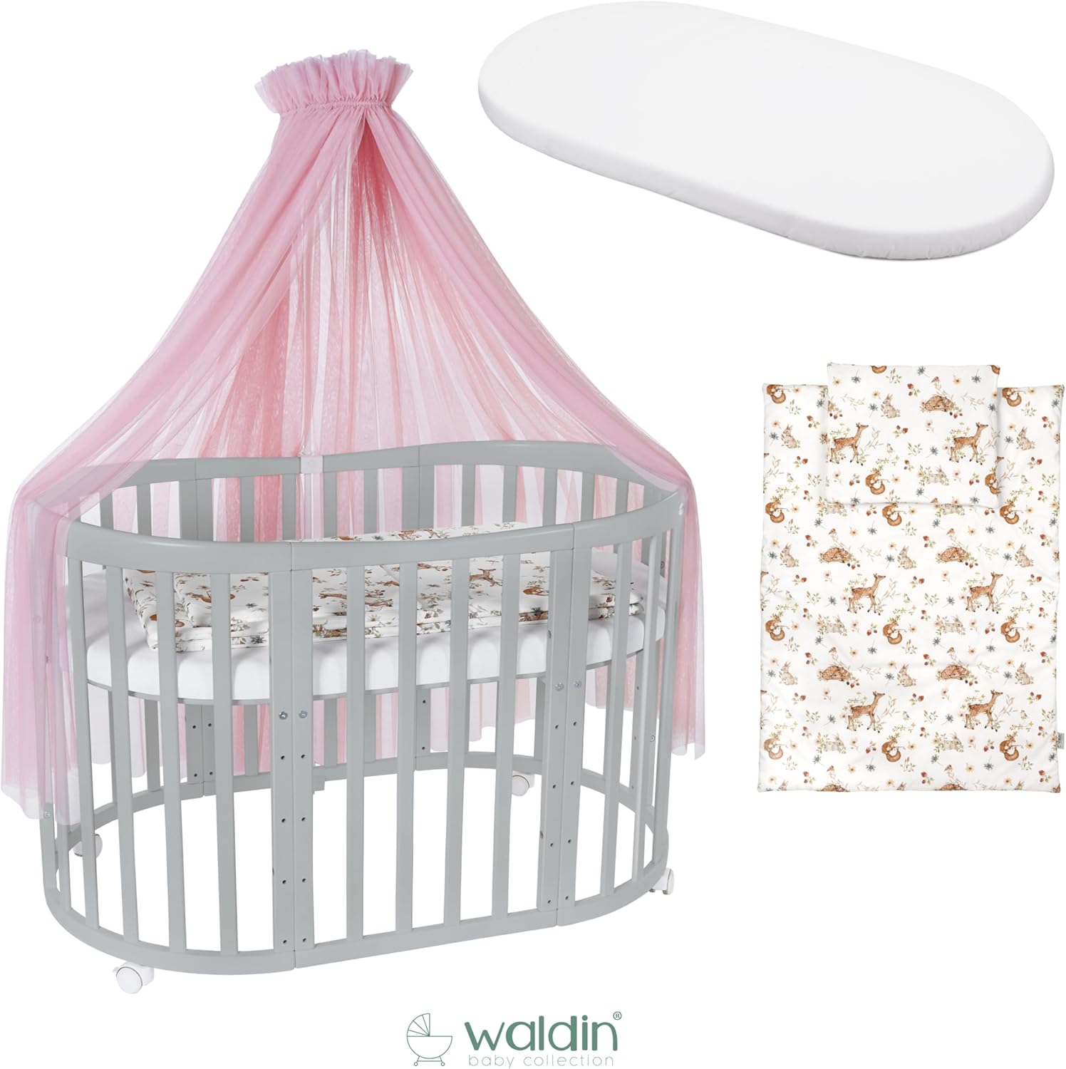 Waldin Oval Baby-Bett Mitwachsend Komplett Set 7in1, Gitterbett, Kinderbett mit Matratze, Wickelkommode, Beistellbett, Holz Weiß